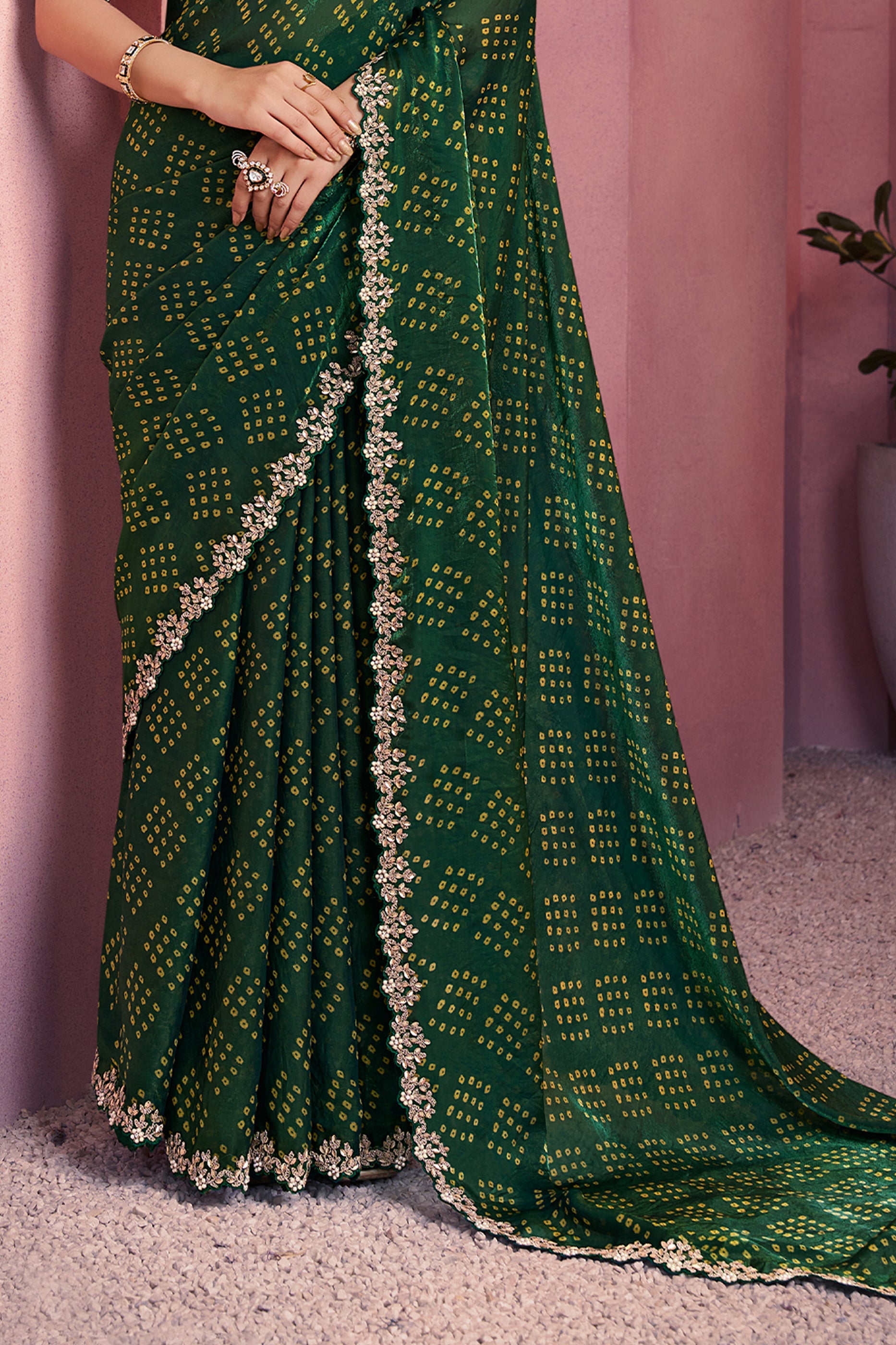 Dark Green Satin Silk Bandhani Saree-SAR10885_5_SareeButa.com