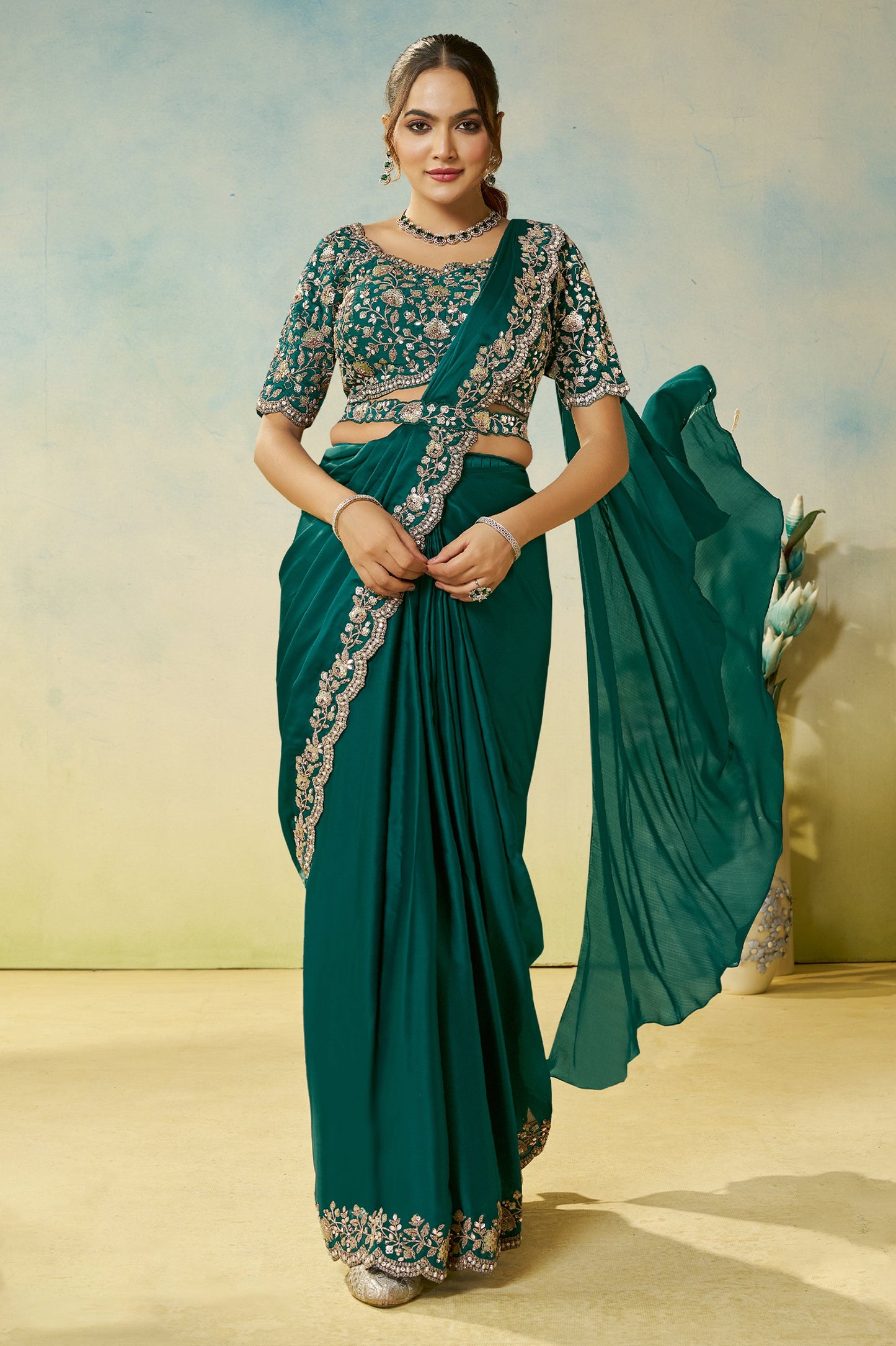 Dark Green Satin Silk Readymade Saree-SAR11144_1_SareeButa.com