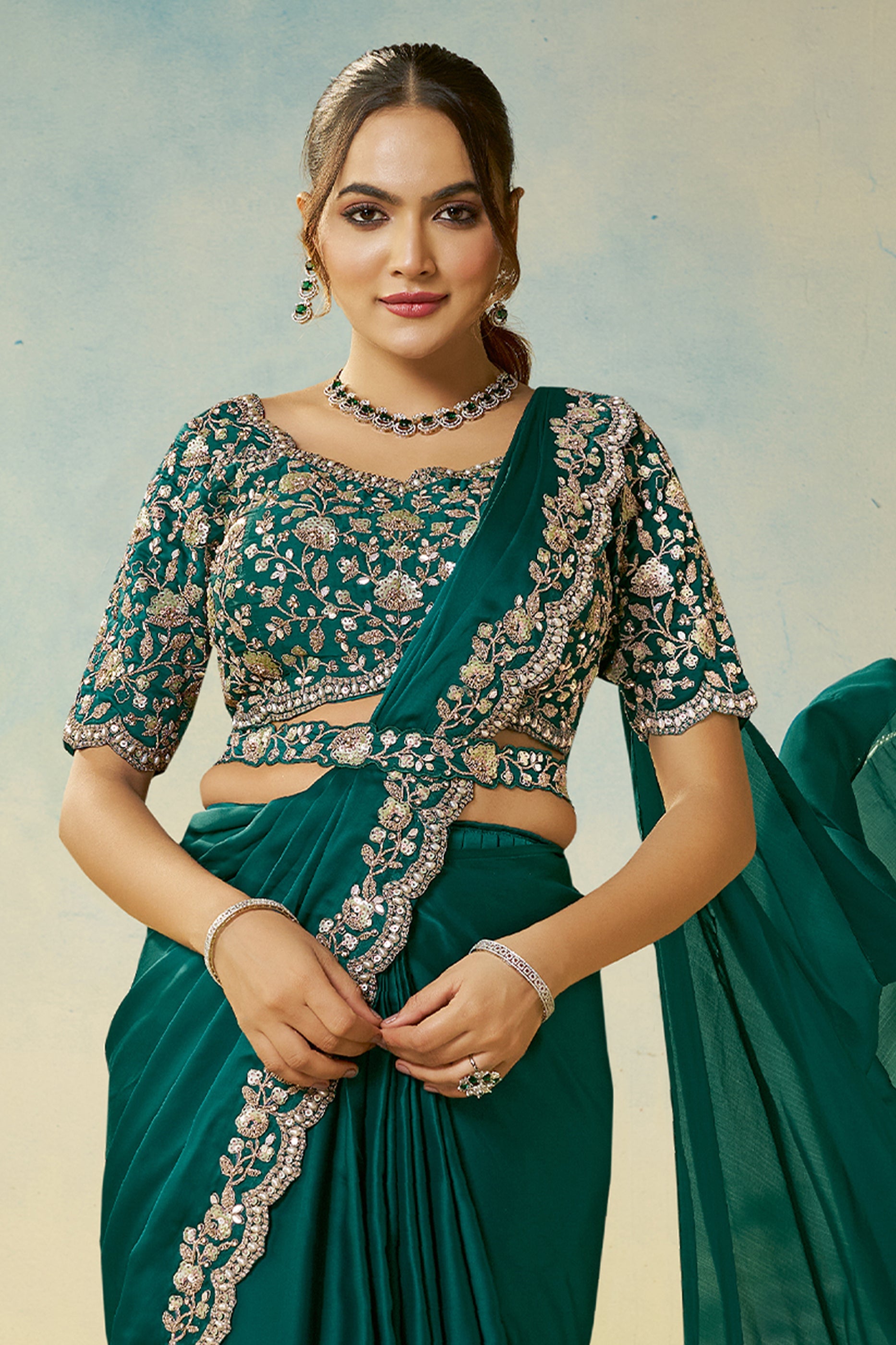 Dark Green Satin Silk Readymade Saree-SAR11144_3_SareeButa.com