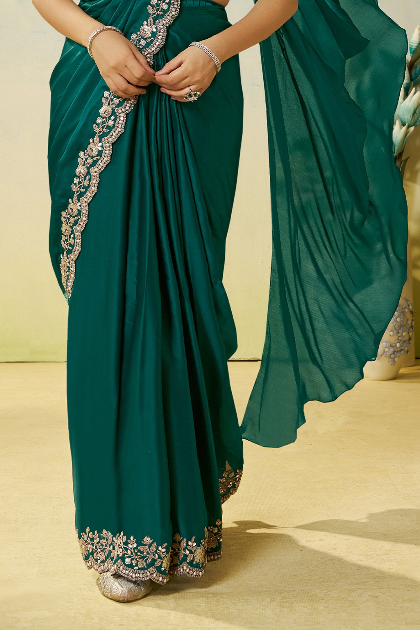 Dark Green Satin Silk Readymade Saree-SAR11144_4_SareeButa.com