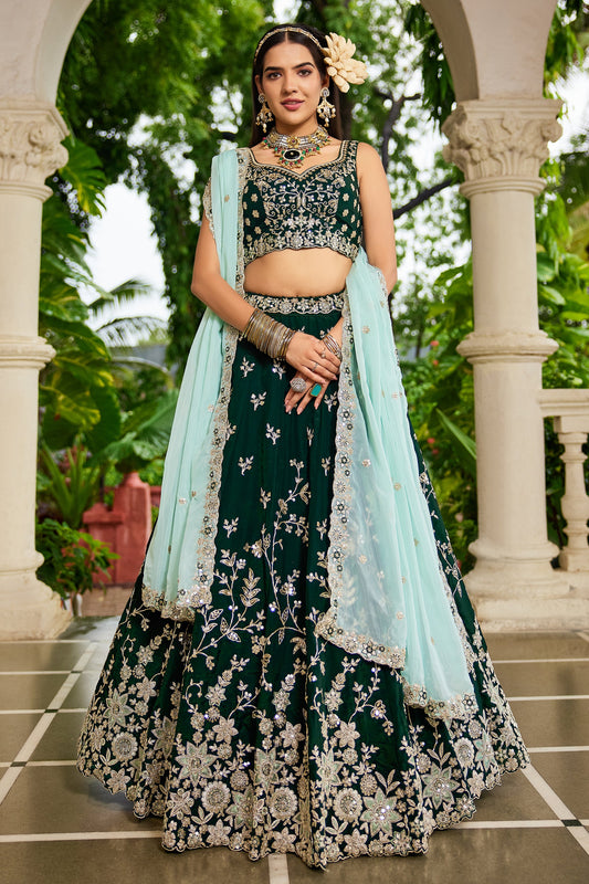 Dark Green Readymade Embroidered Organza Silk Lehenga-SAR10065_1_SareeButa.com