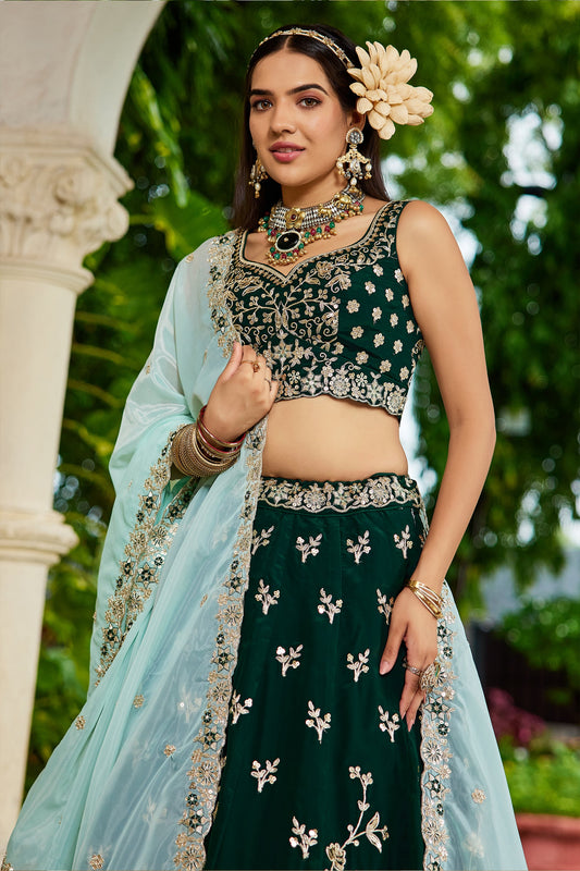 Dark Green Readymade Embroidered Organza Silk Lehenga-SAR10065_2_SareeButa.com
