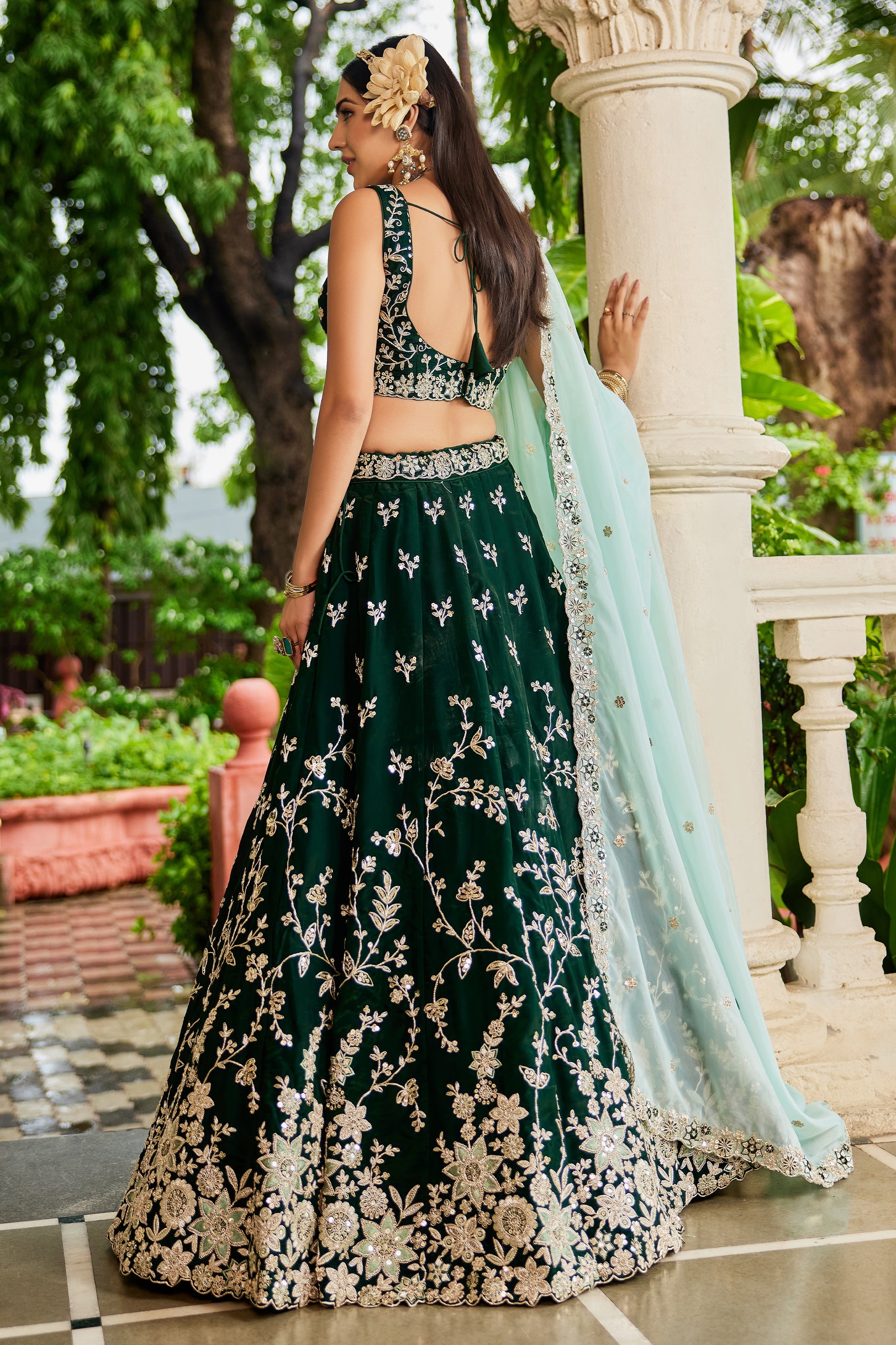 Dark Green Readymade Embroidered Organza Silk Lehenga-SAR10065_3_SareeButa.com