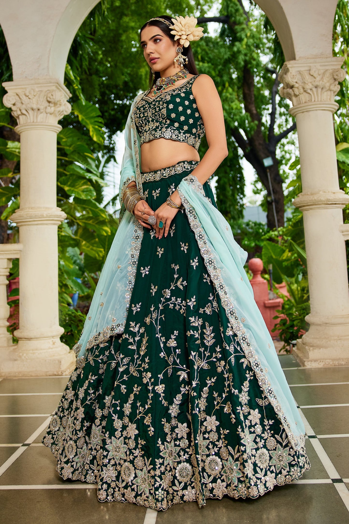Dark Green Readymade Embroidered Organza Silk Lehenga-SAR10065_4_SareeButa.com