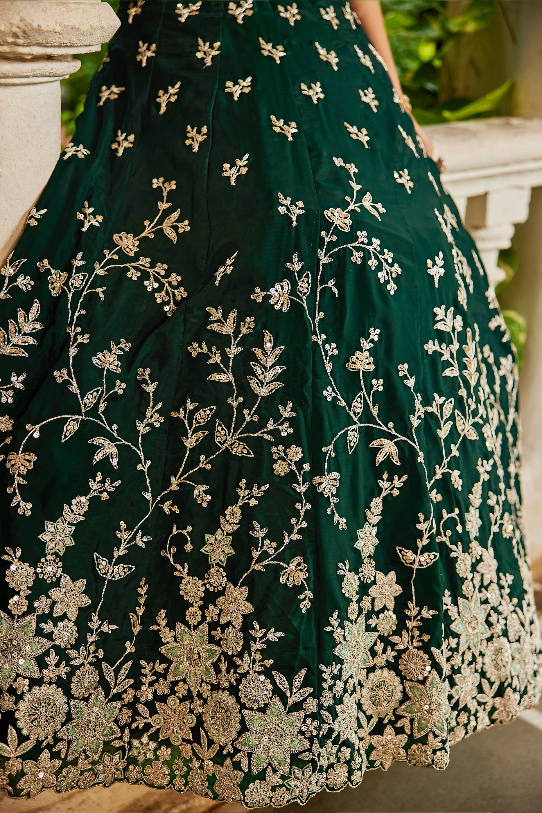 Dark Green Readymade Embroidered Organza Silk Lehenga-SAR10065_5_SareeButa.com