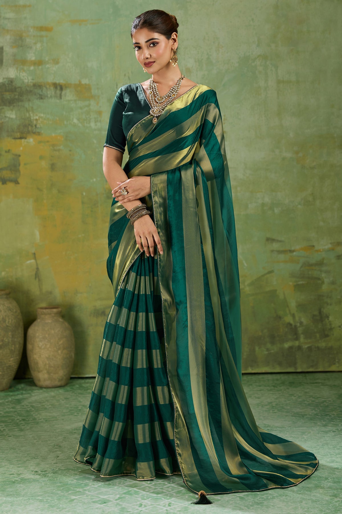 Dark Green Velvet Satin Saree With Metallic Patta-SAR12944_1_SareeButa.com