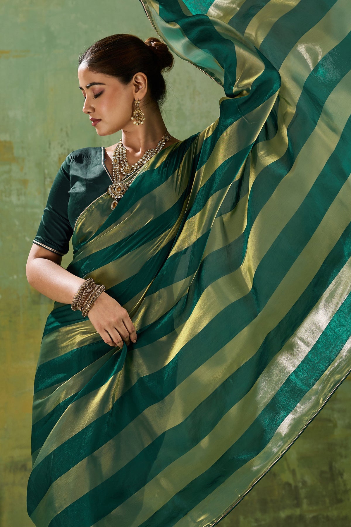 Dark Green Velvet Satin Saree With Metallic Patta-SAR12944_2_SareeButa.com
