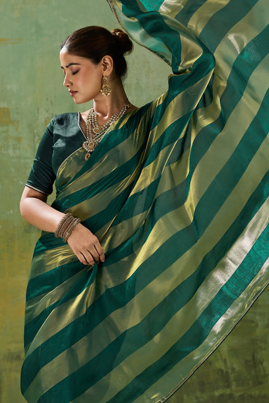Dark Green Velvet Satin Saree With Metallic Patta-SAR12944_2_SareeButa.com