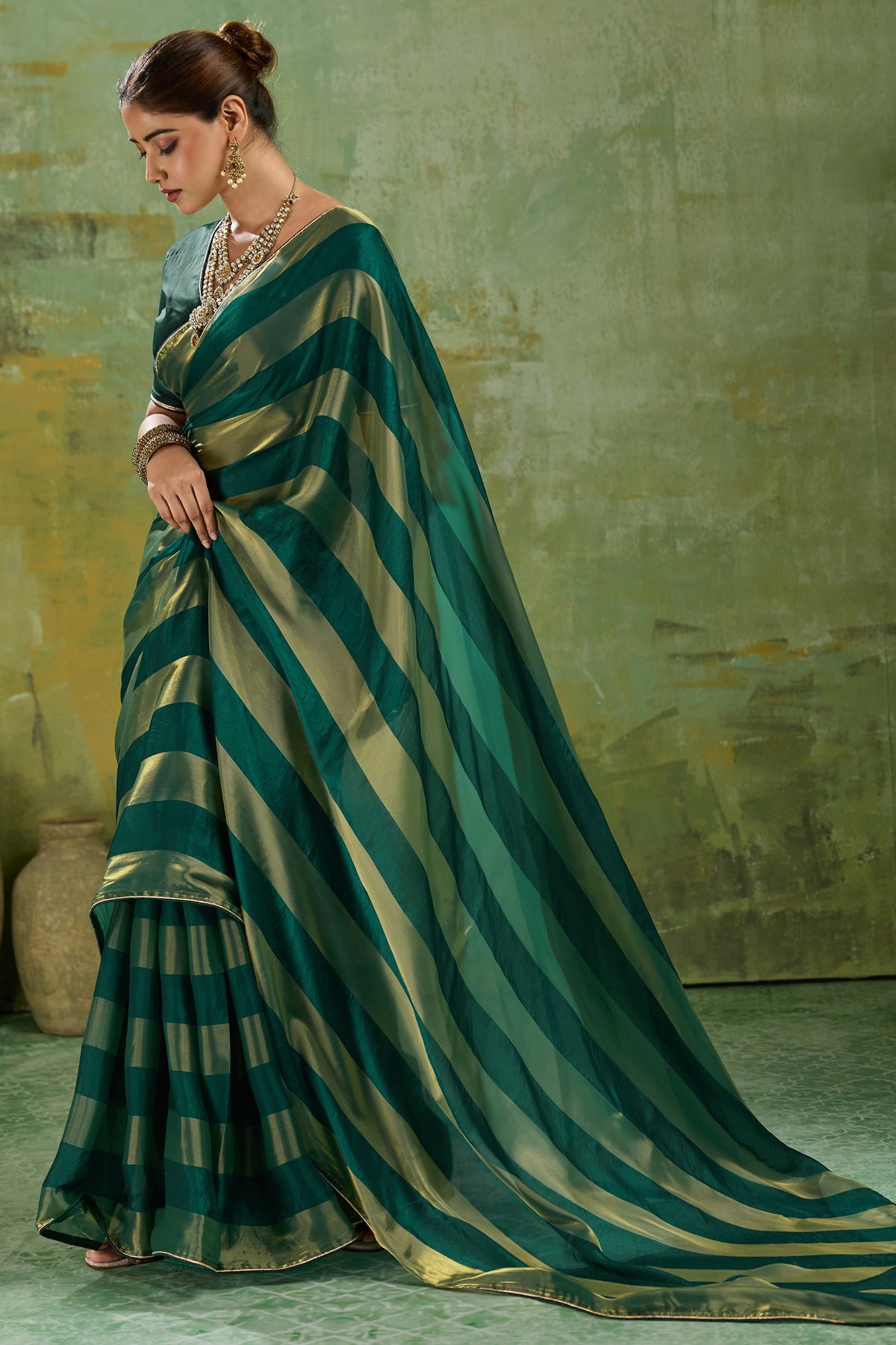 Dark Green Velvet Satin Saree With Metallic Patta-SAR12944_3_SareeButa.com