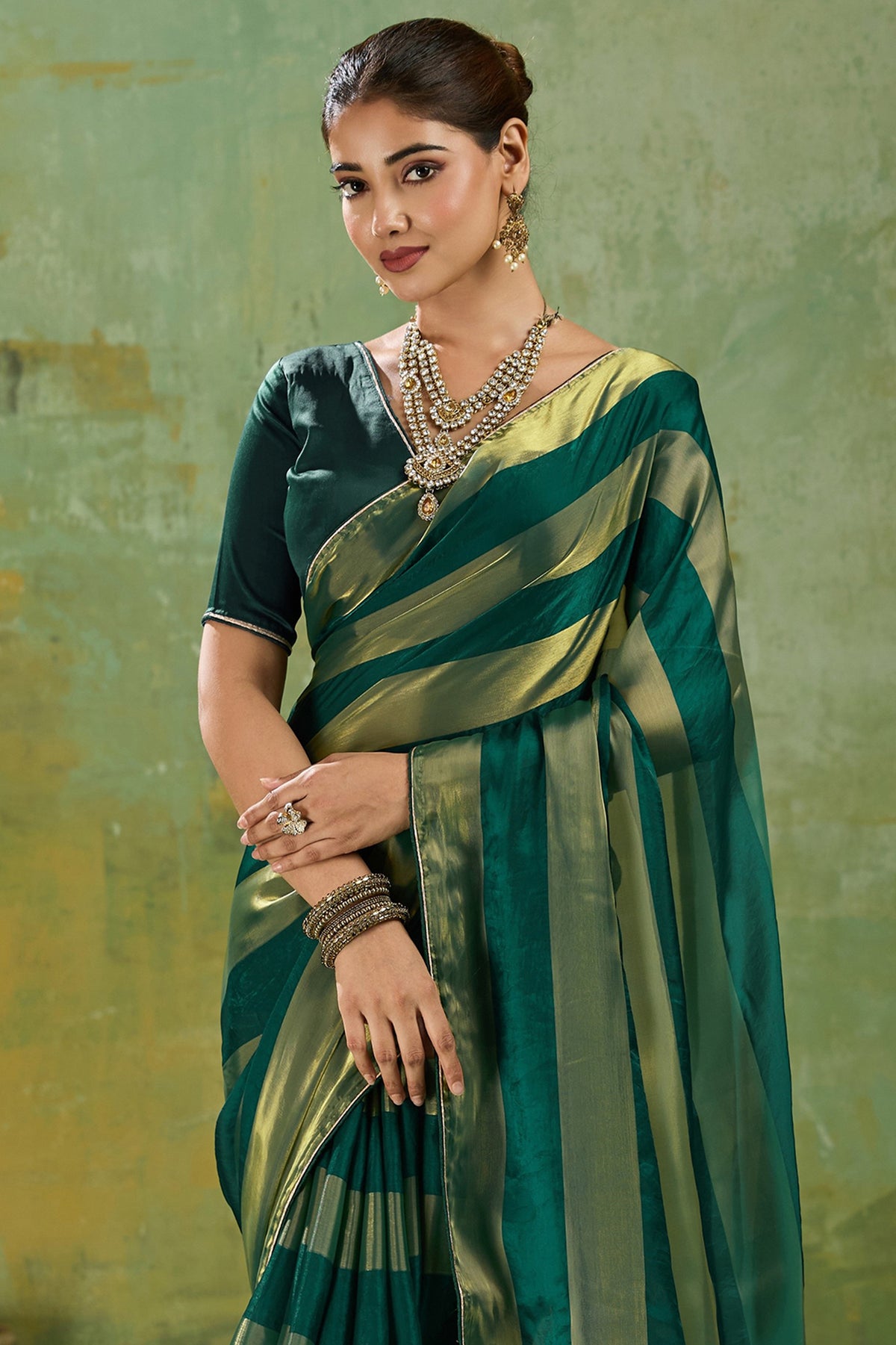 Dark Green Velvet Satin Saree With Metallic Patta-SAR12944_4_SareeButa.com