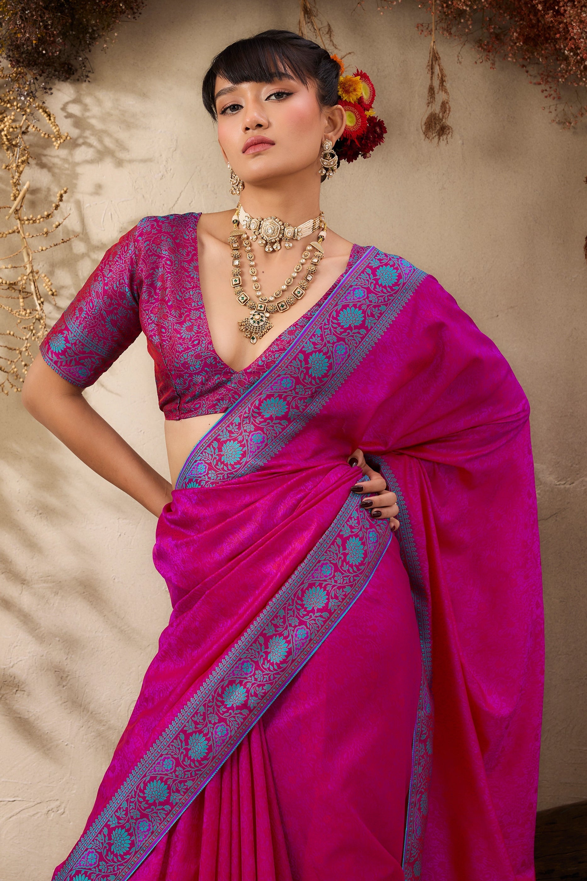 Dark Pink Woven Kanjivaram Silk Saree-SAR11178_3_SareeButa.com