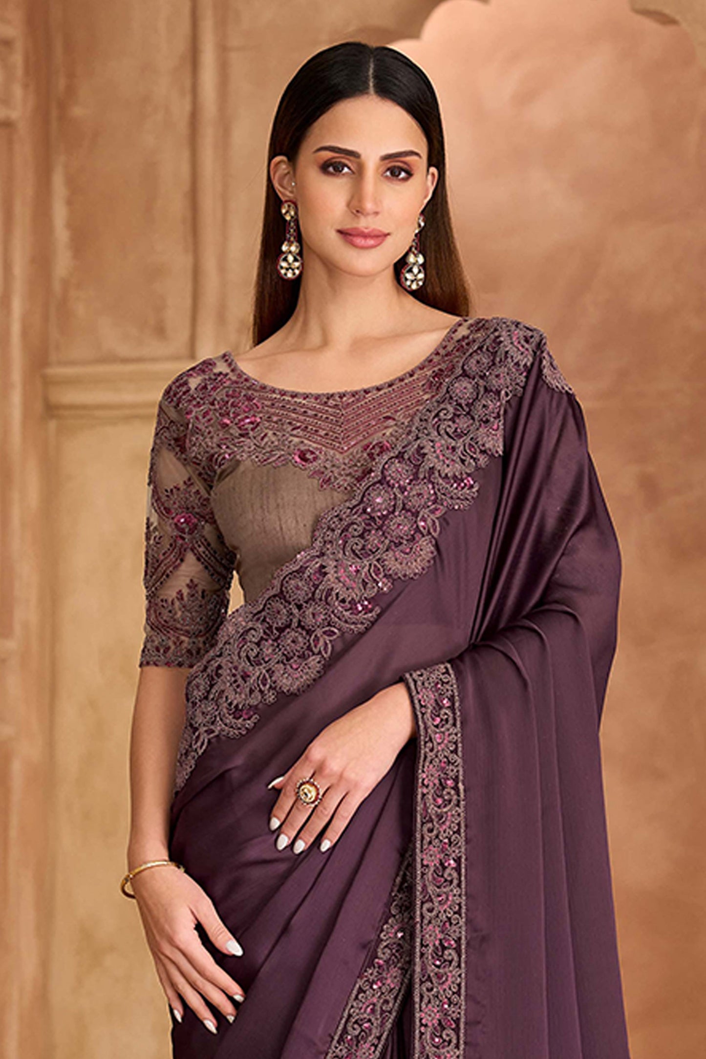 Dark Purple Embroidered Satin Chiffon Saree-SAR11717_3_SareeButa.com