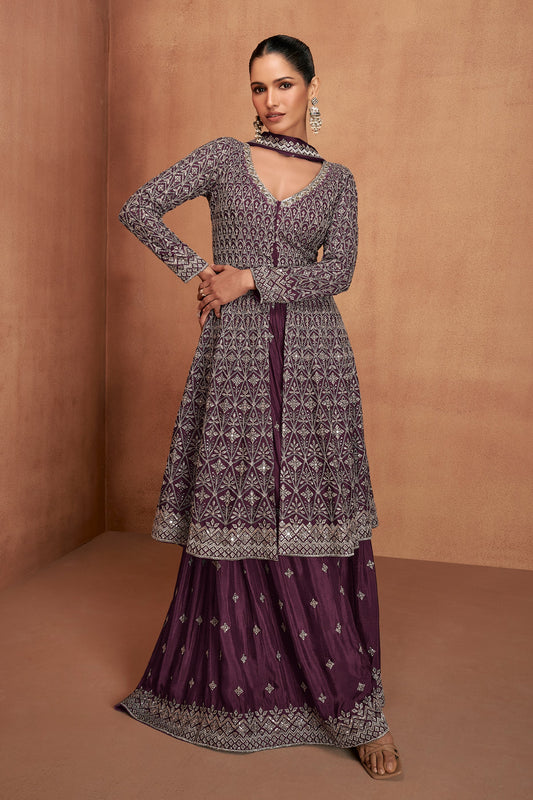 Dark Purple Readymade Embroidered Chinon Suit-SAR10942_1_SareeButa.com