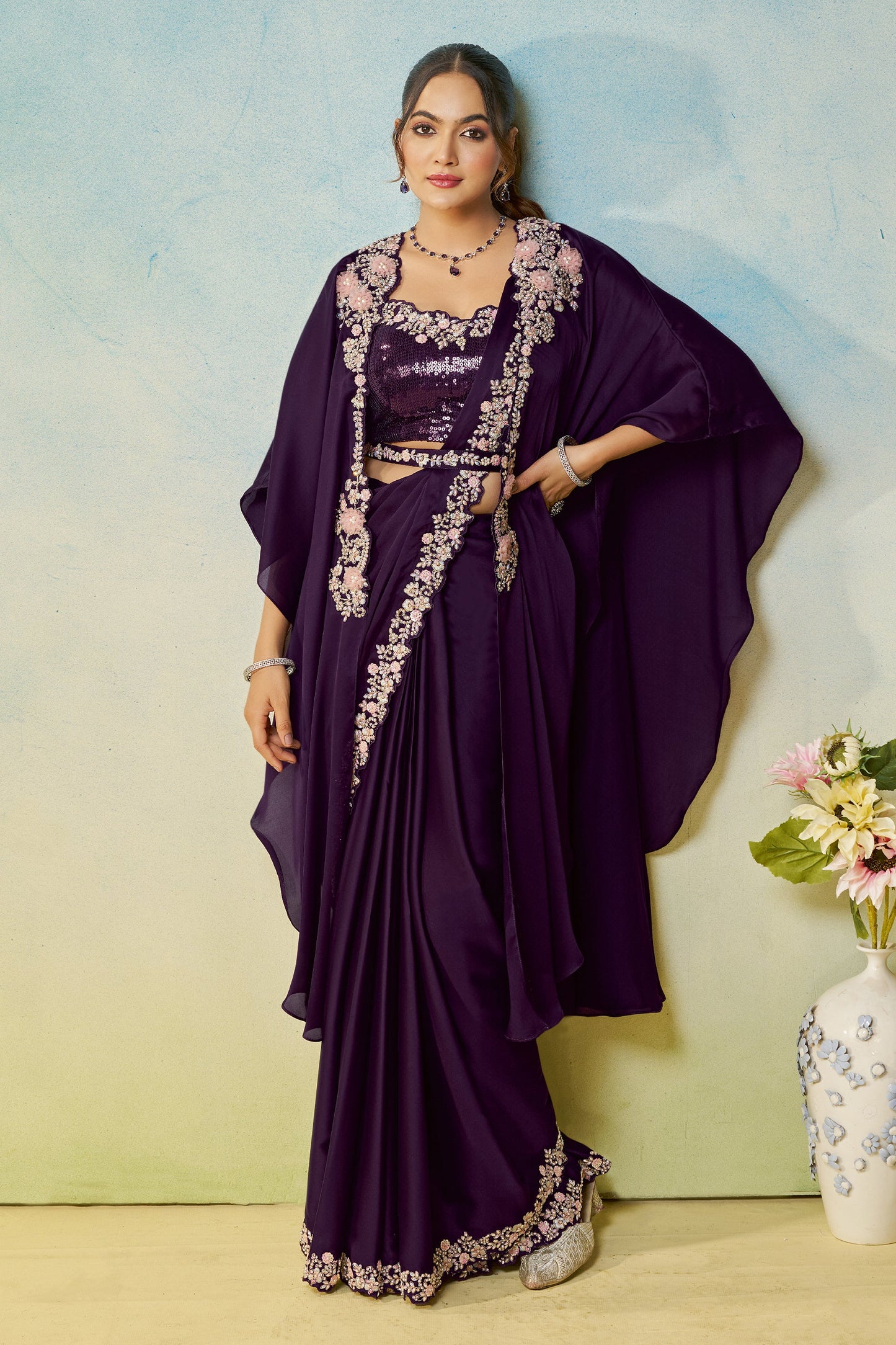 Dark Purple Satin Silk Readymade Saree-SAR11146_1_SareeButa.com