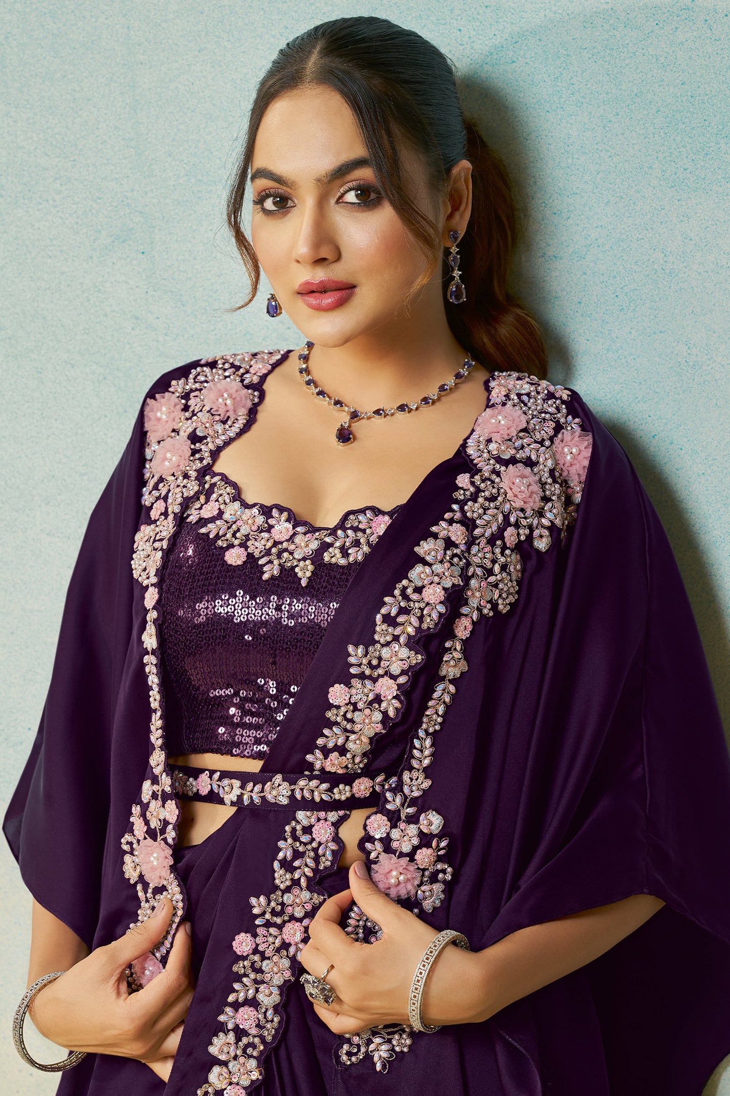 Dark Purple Satin Silk Readymade Saree-SAR11146_2_SareeButa.com