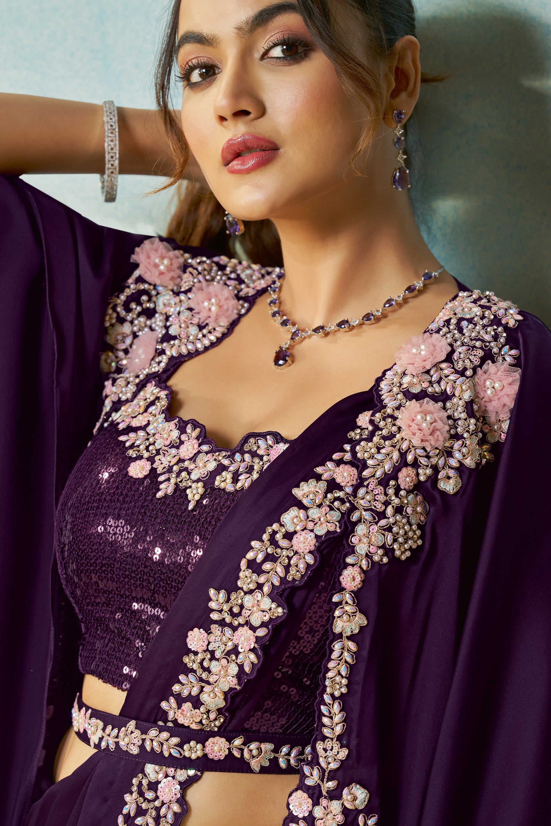 Dark Purple Satin Silk Readymade Saree-SAR11146_3_SareeButa.com