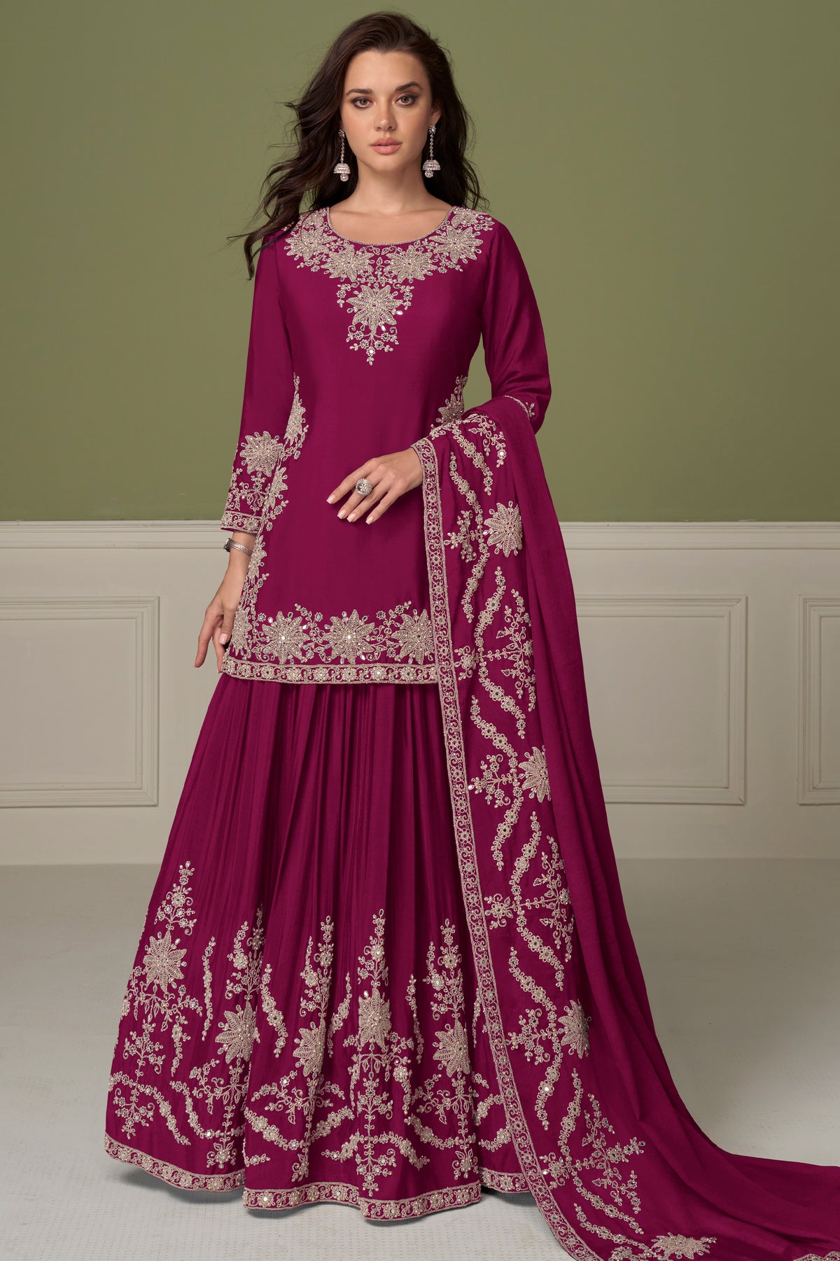 Deep Magenta Readymade Embroidered Chinon Skirt Suit-SAR13544_1_SareeButa.com