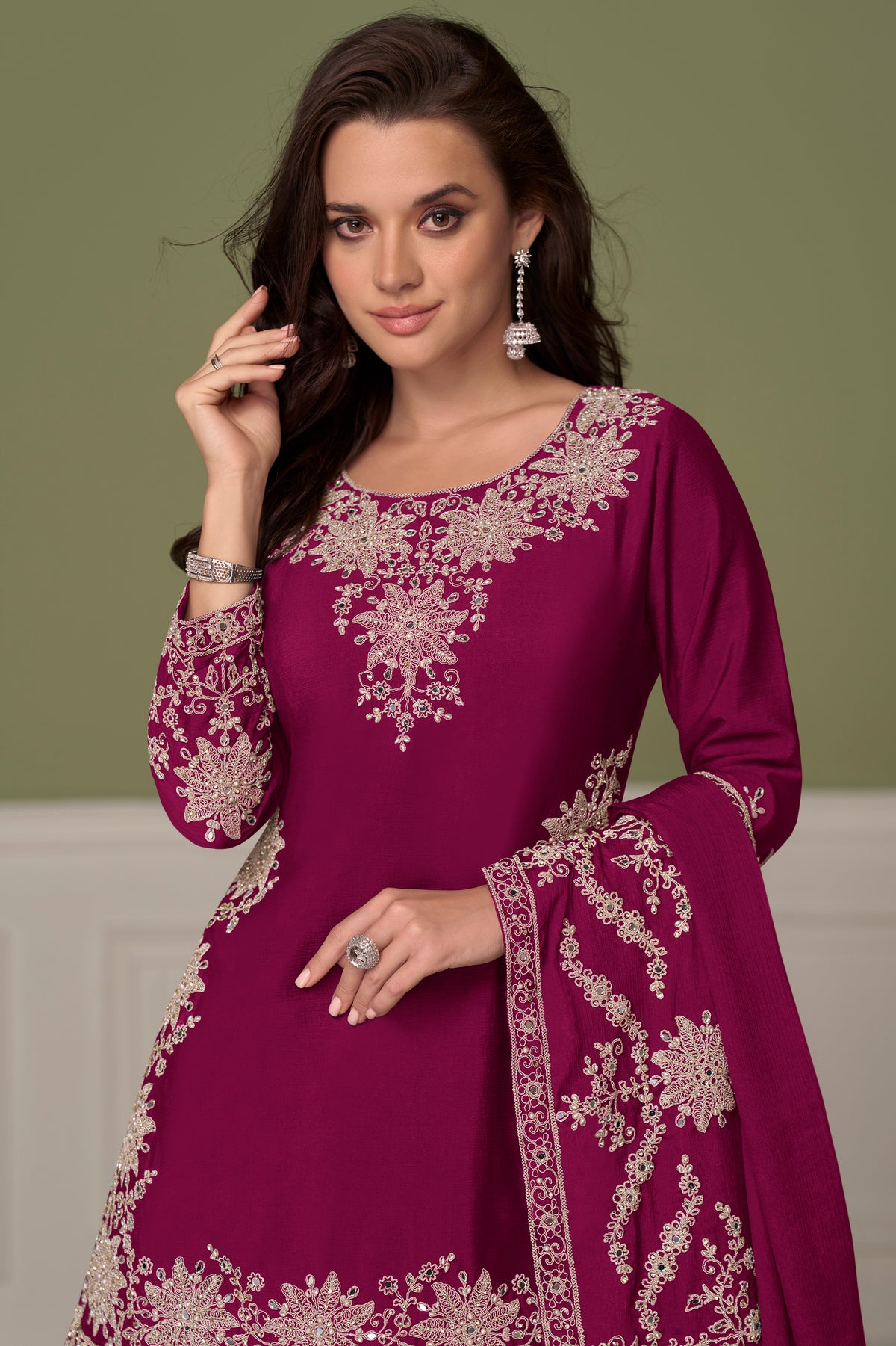 Deep Magenta Readymade Embroidered Chinon Skirt Suit-SAR13544_2_SareeButa.com
