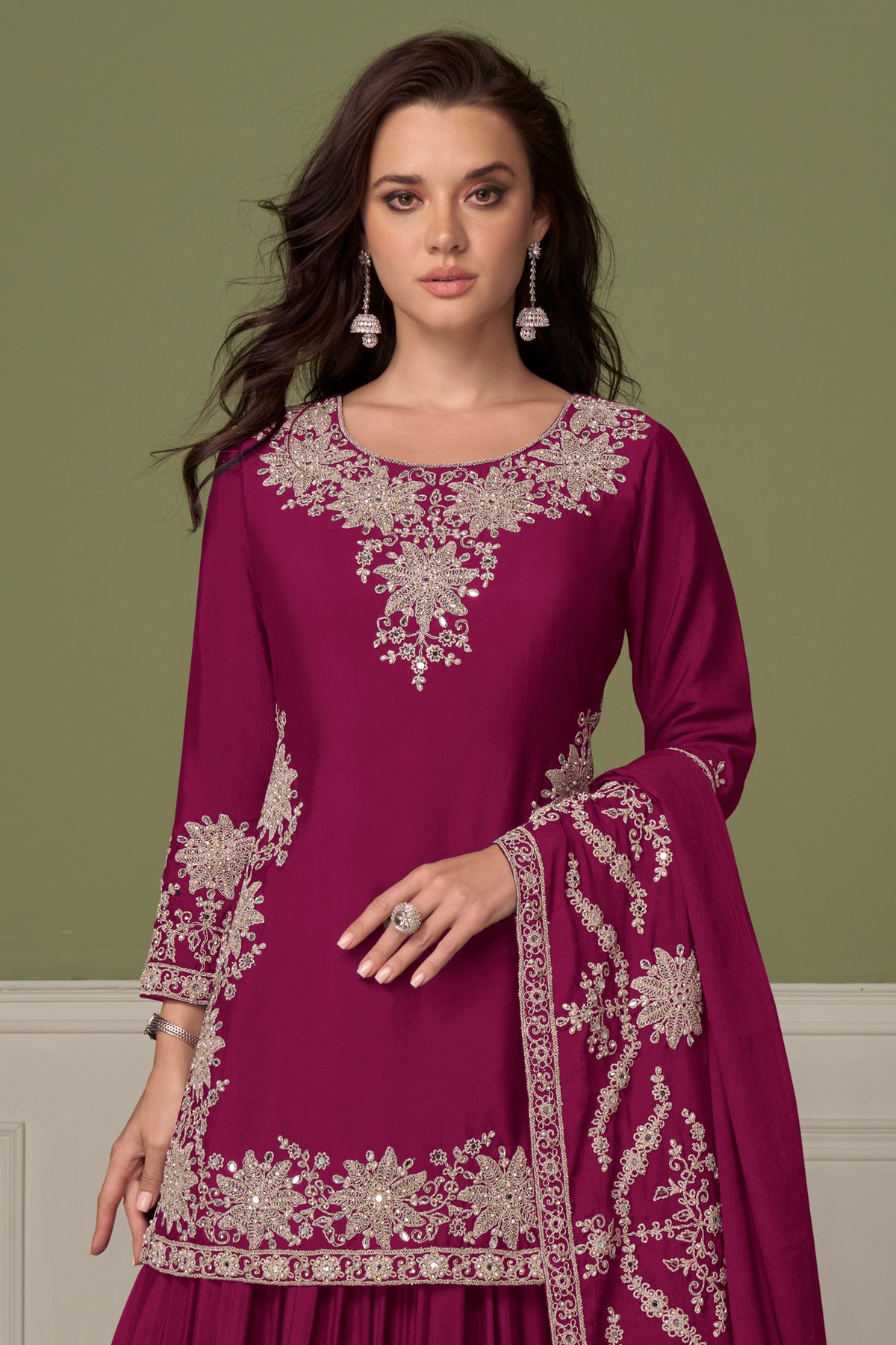 Deep Magenta Readymade Embroidered Chinon Skirt Suit-SAR13544_3_SareeButa.com