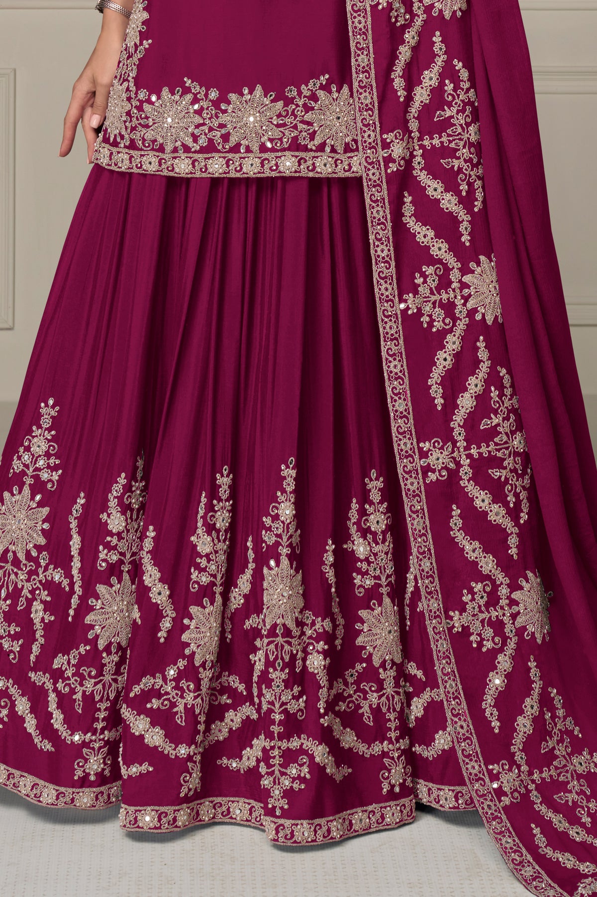 Deep Magenta Readymade Embroidered Chinon Skirt Suit-SAR13544_4_SareeButa.com