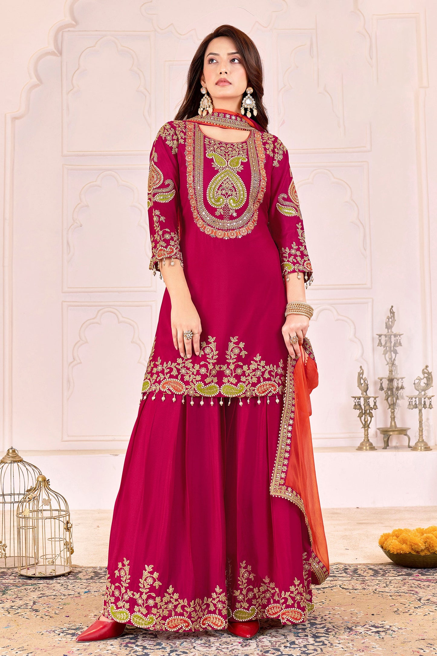 Deep Pink Readymade Embroidered Chinon Suit-SAR11104_1_SareeButa.com