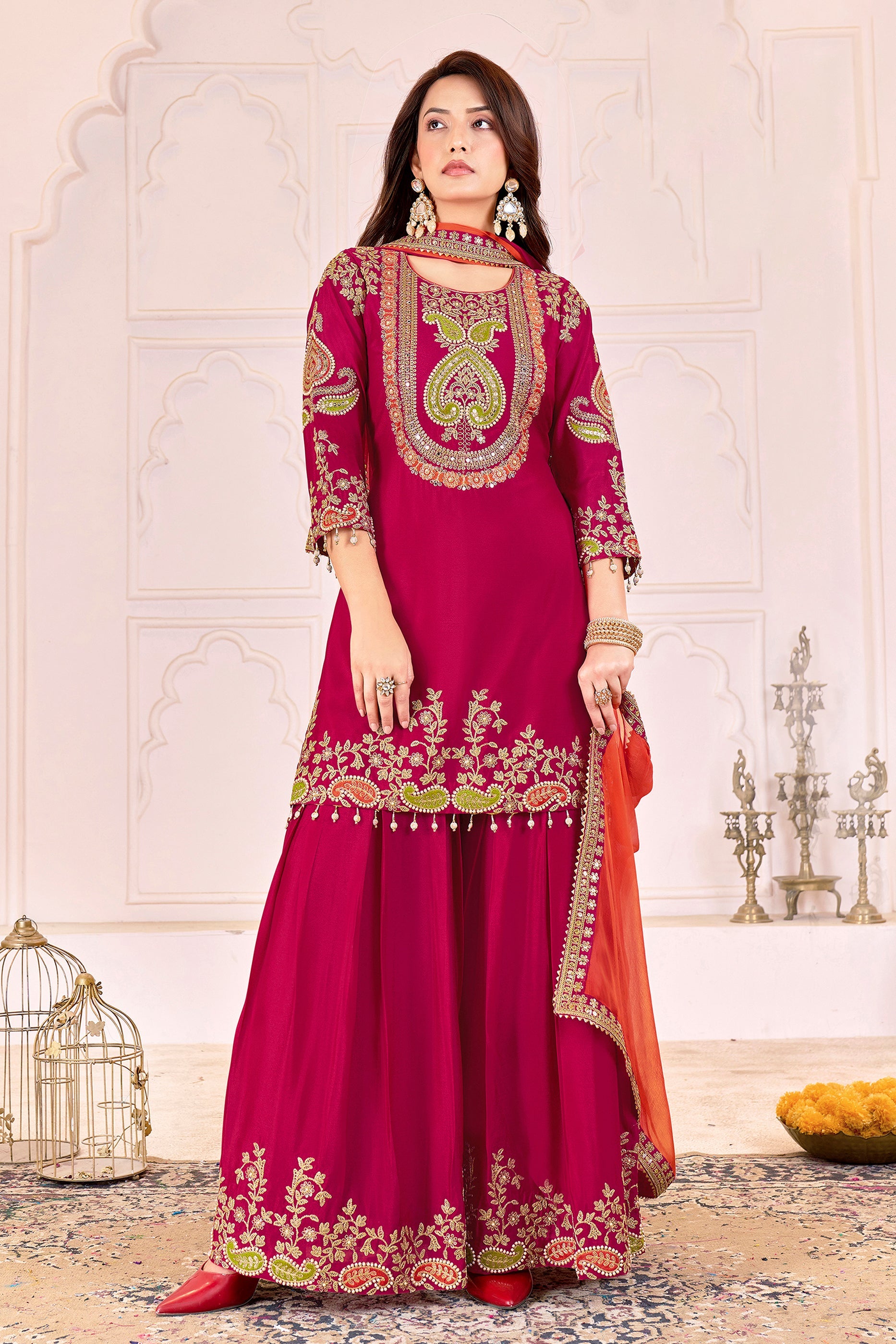 Deep Pink Readymade Embroidered Chinon Suit-SAR11104_1_SareeButa.com