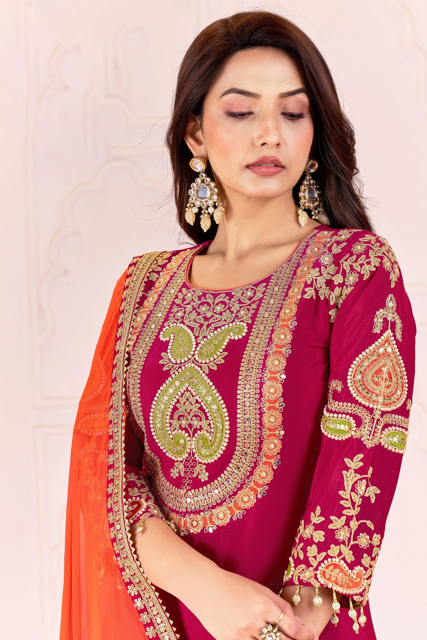 Deep Pink Readymade Embroidered Chinon Suit-SAR11104_2_SareeButa.com