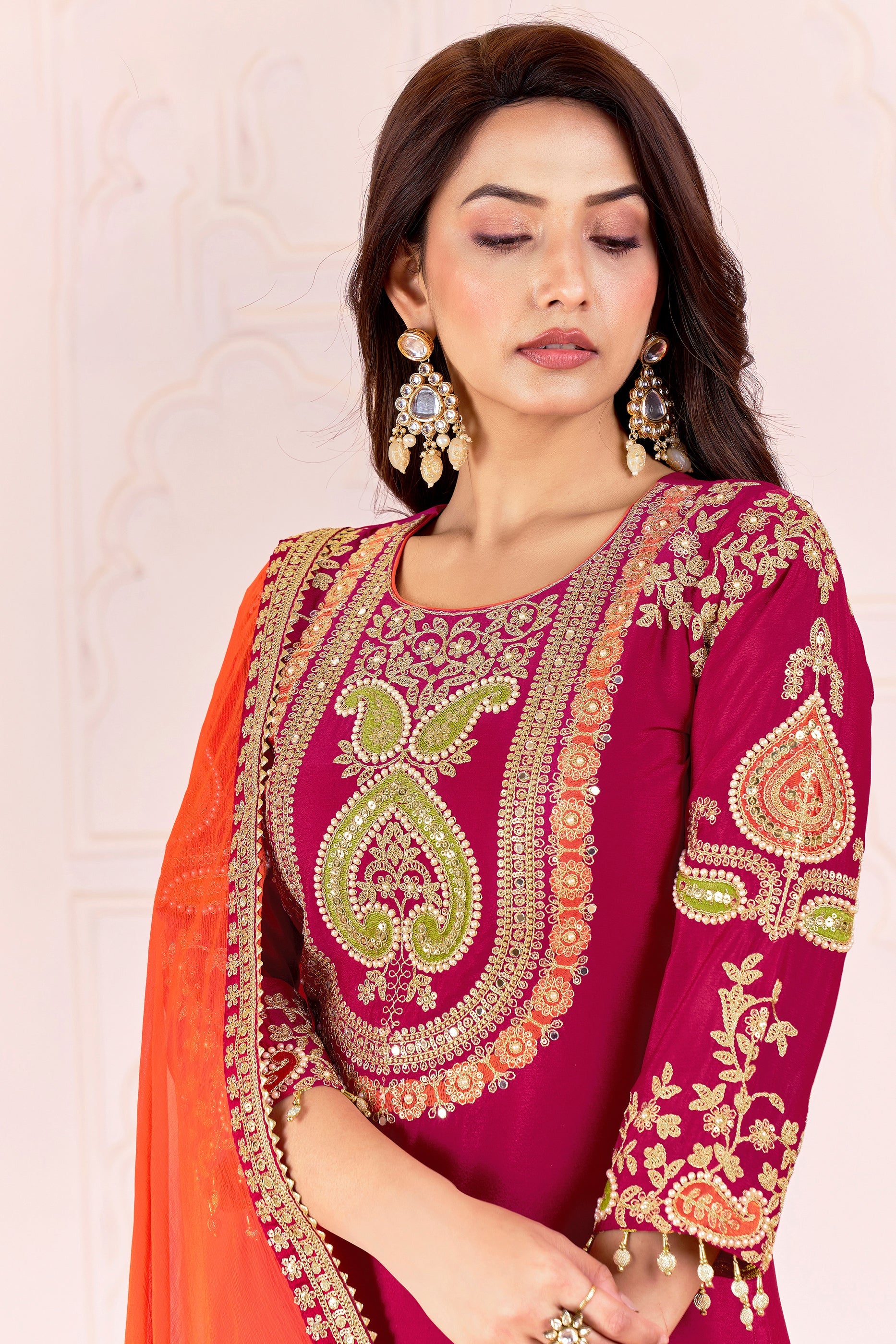 Deep Pink Readymade Embroidered Chinon Suit-SAR11104_2_SareeButa.com