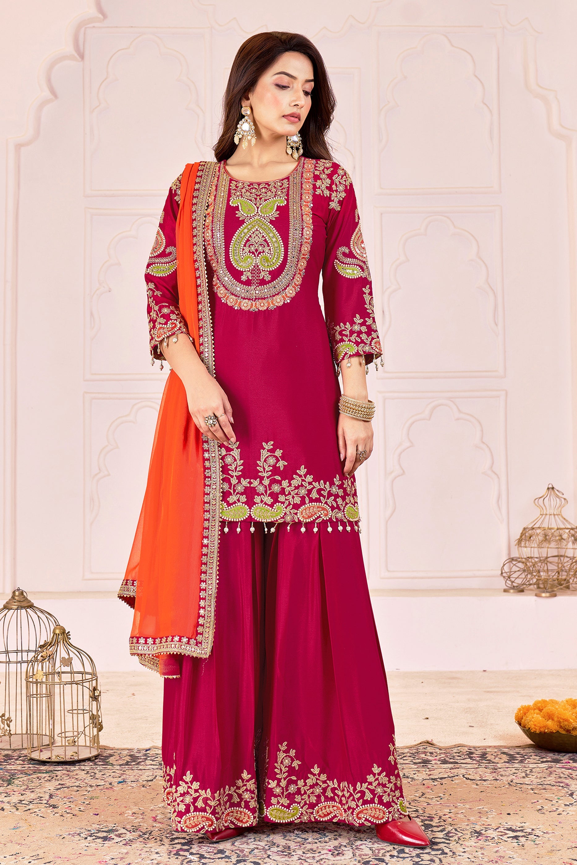 Deep Pink Readymade Embroidered Chinon Suit-SAR11104_3_SareeButa.com
