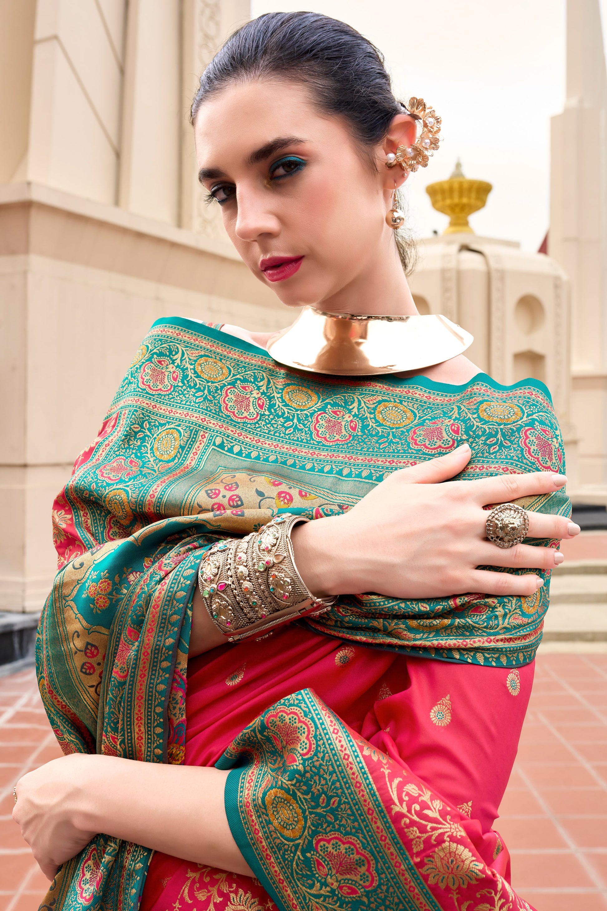 Deep Pink Woven Banarasi Saree-ZB134704_3_SareeButa.com