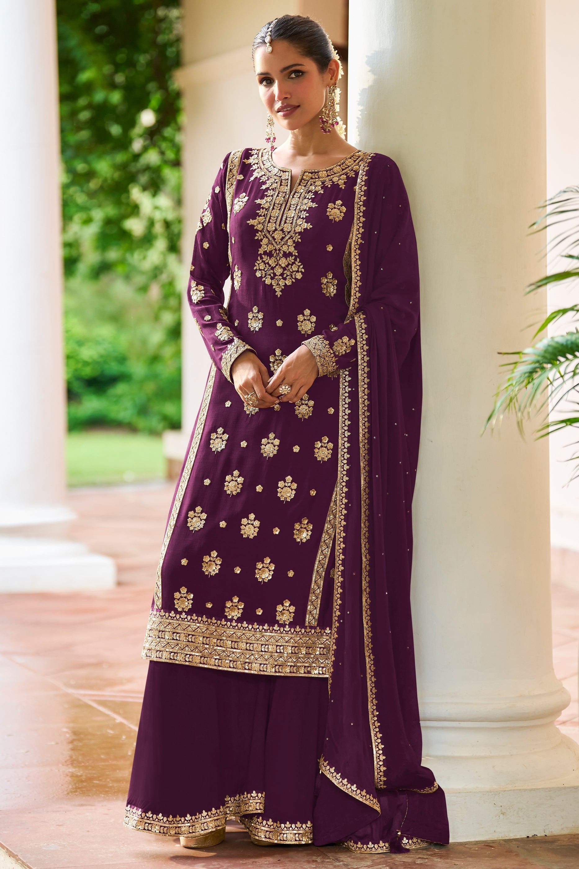 Deep Plum Readymade Embroidered Chinon Suit-SAR12137_1_SareeButa.com