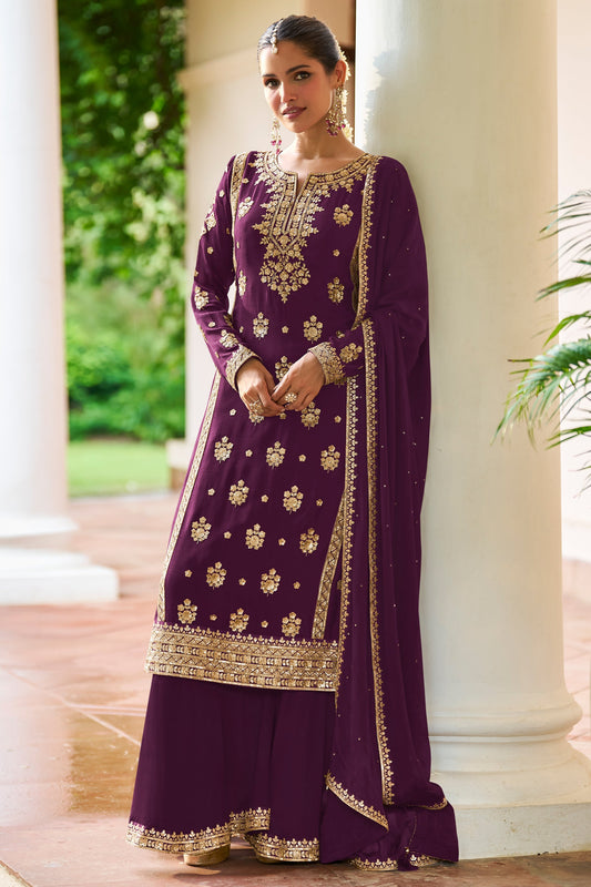 Deep Plum Readymade Embroidered Chinon Suit-SAR12137_1_SareeButa.com