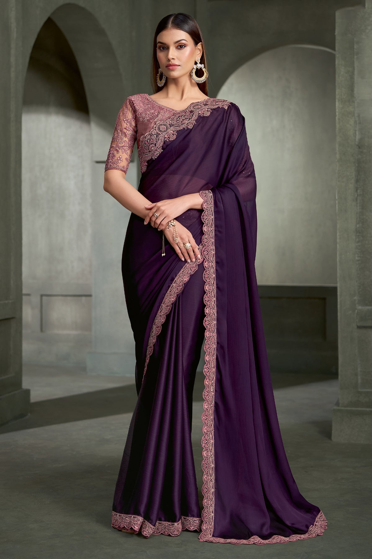 Deep Purple Embroidered Satin Chiffon Saree-SAR13278_1_SareeButa.com