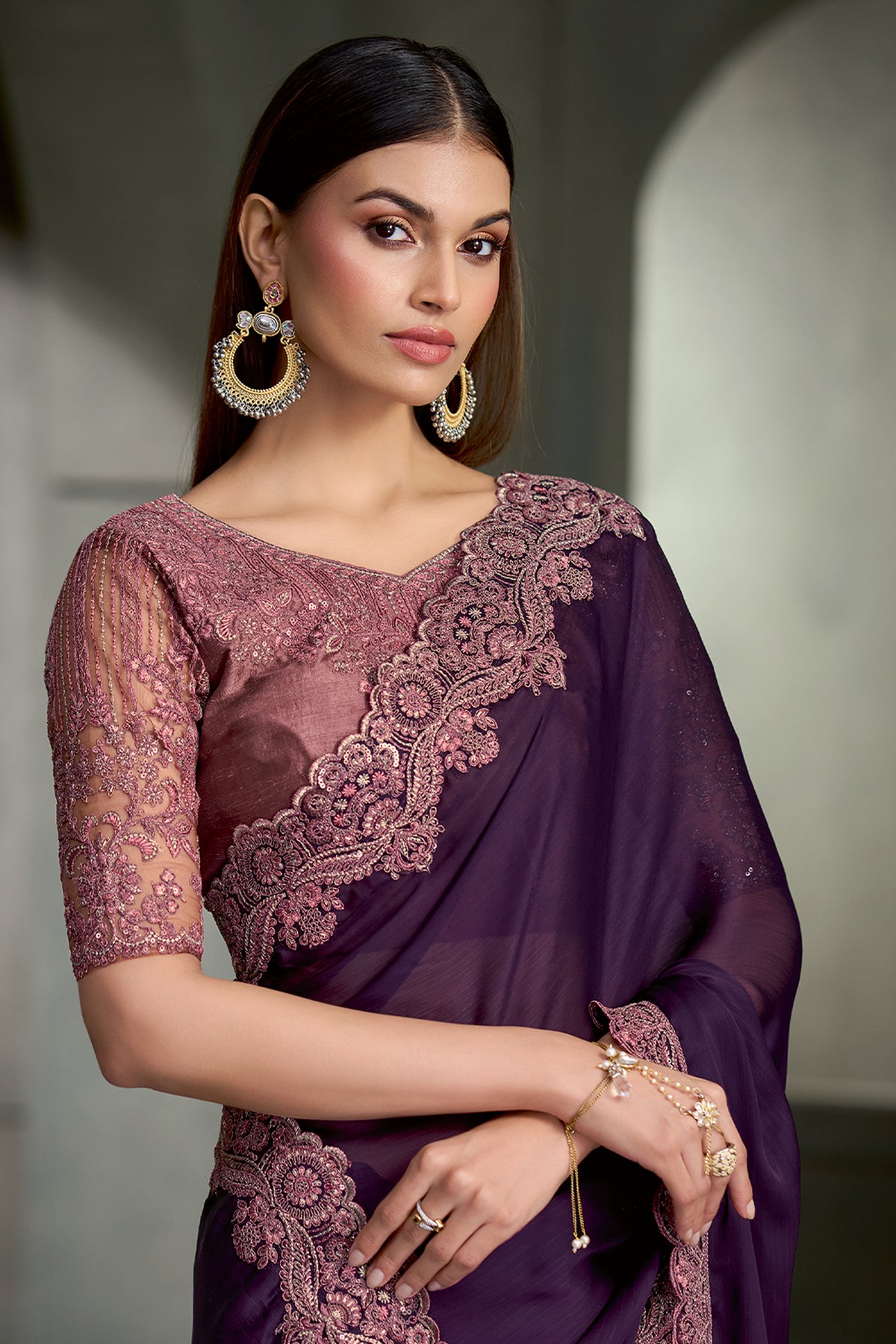 Deep Purple Embroidered Satin Chiffon Saree-SAR13278_2_SareeButa.com