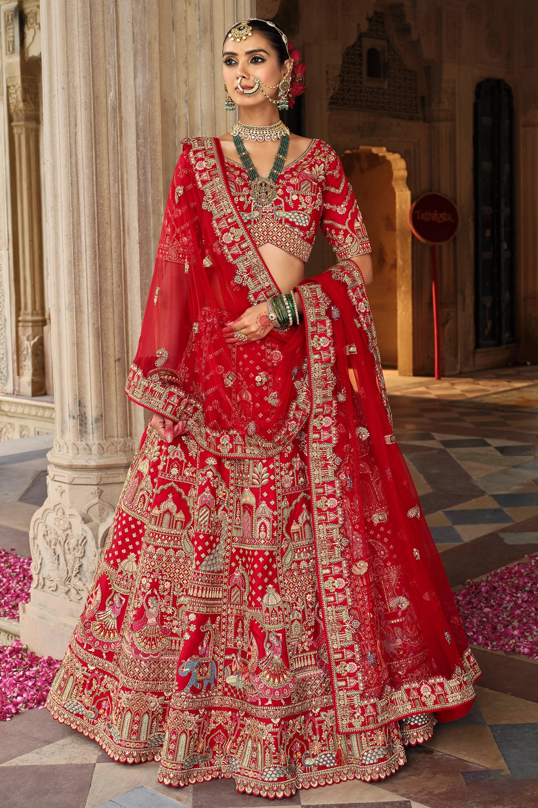 Deep Red Semi-Stitched Embroidered Silk Lehenga-SAR10535_1_SareeButa.com