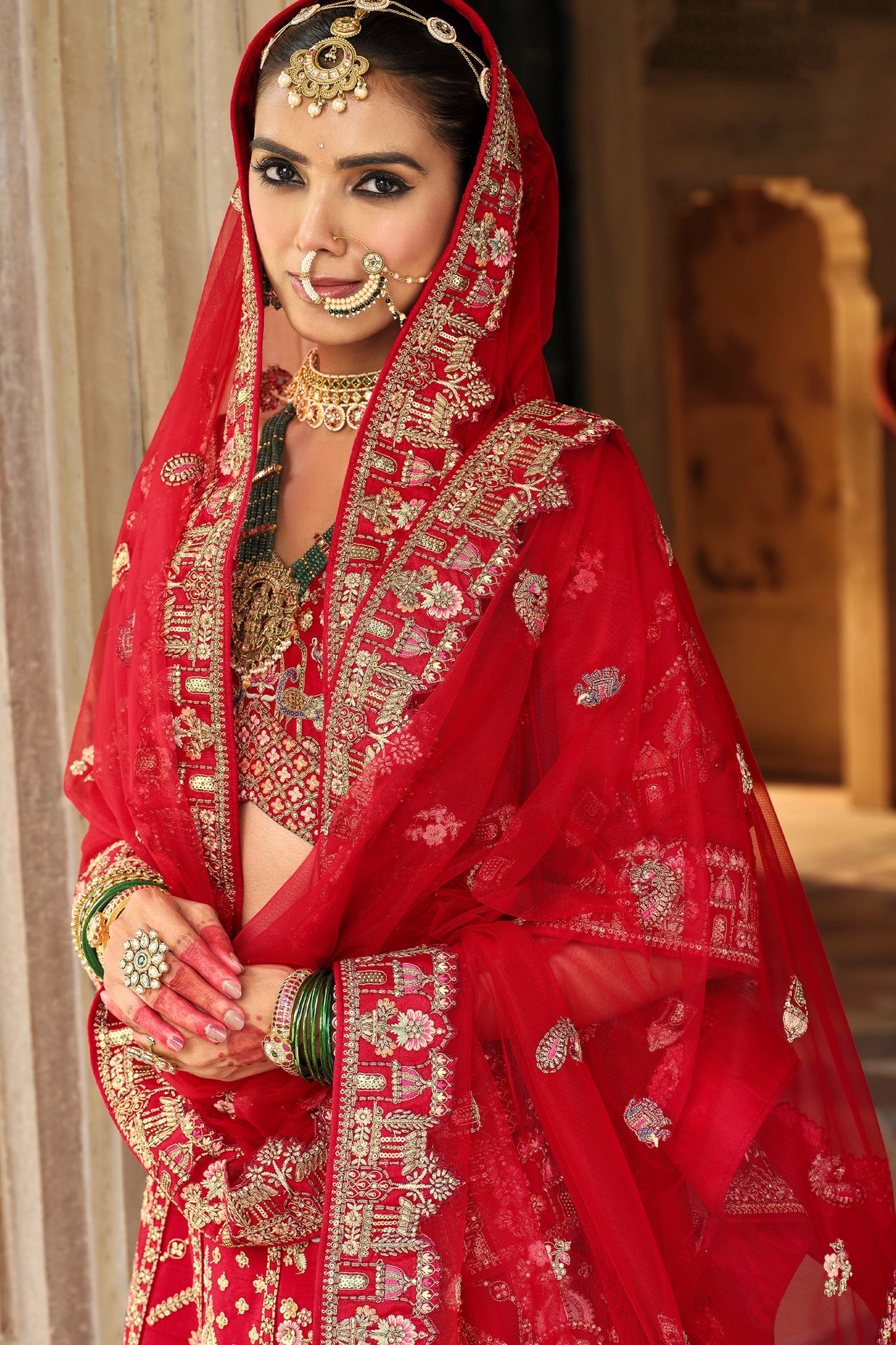 Deep Red Semi-Stitched Embroidered Silk Lehenga-SAR10535_2_SareeButa.com