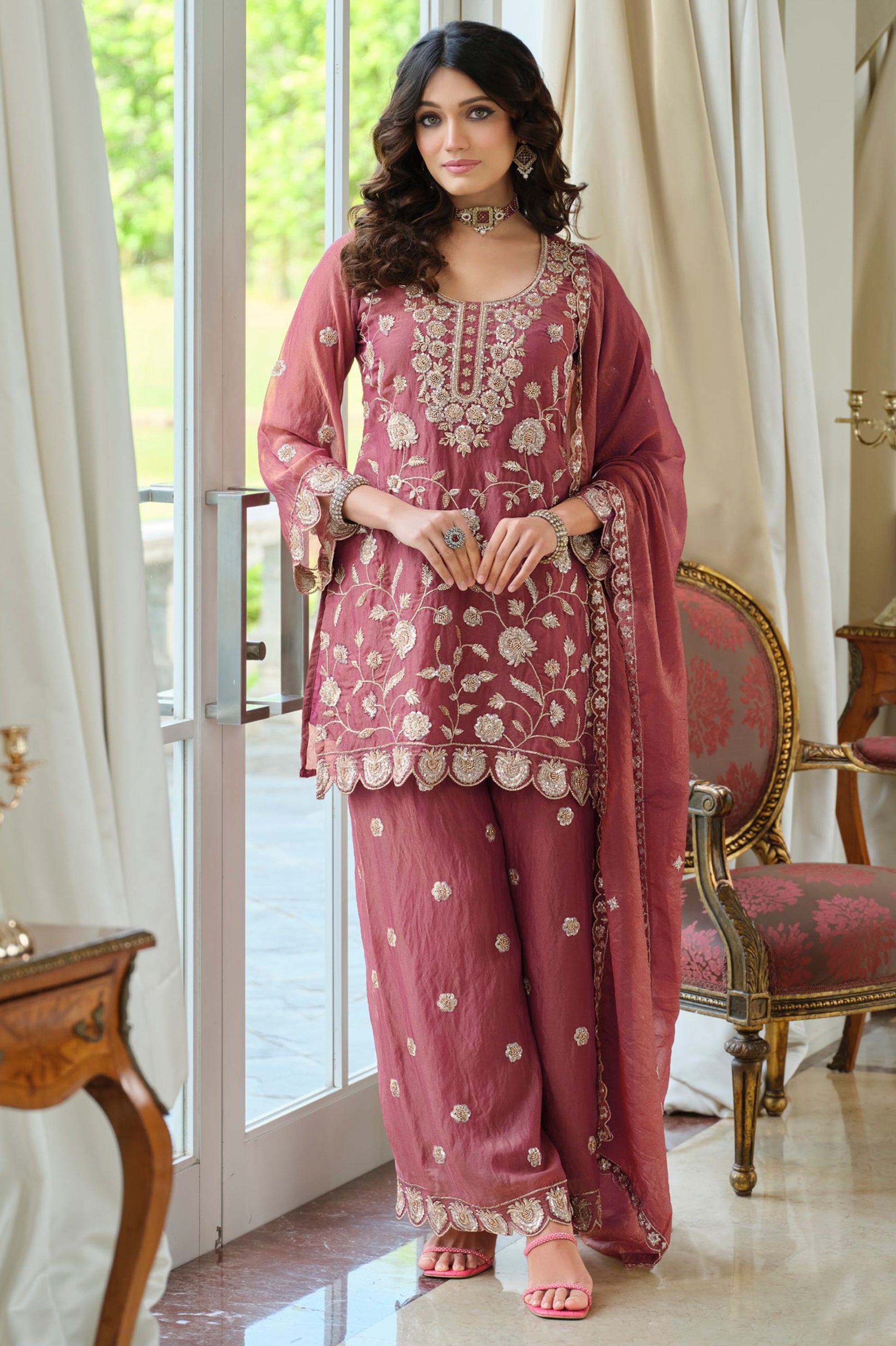 Dusky Pink Readymade Embroidered Moss Silk Suit-SAR12175_1_SareeButa.com