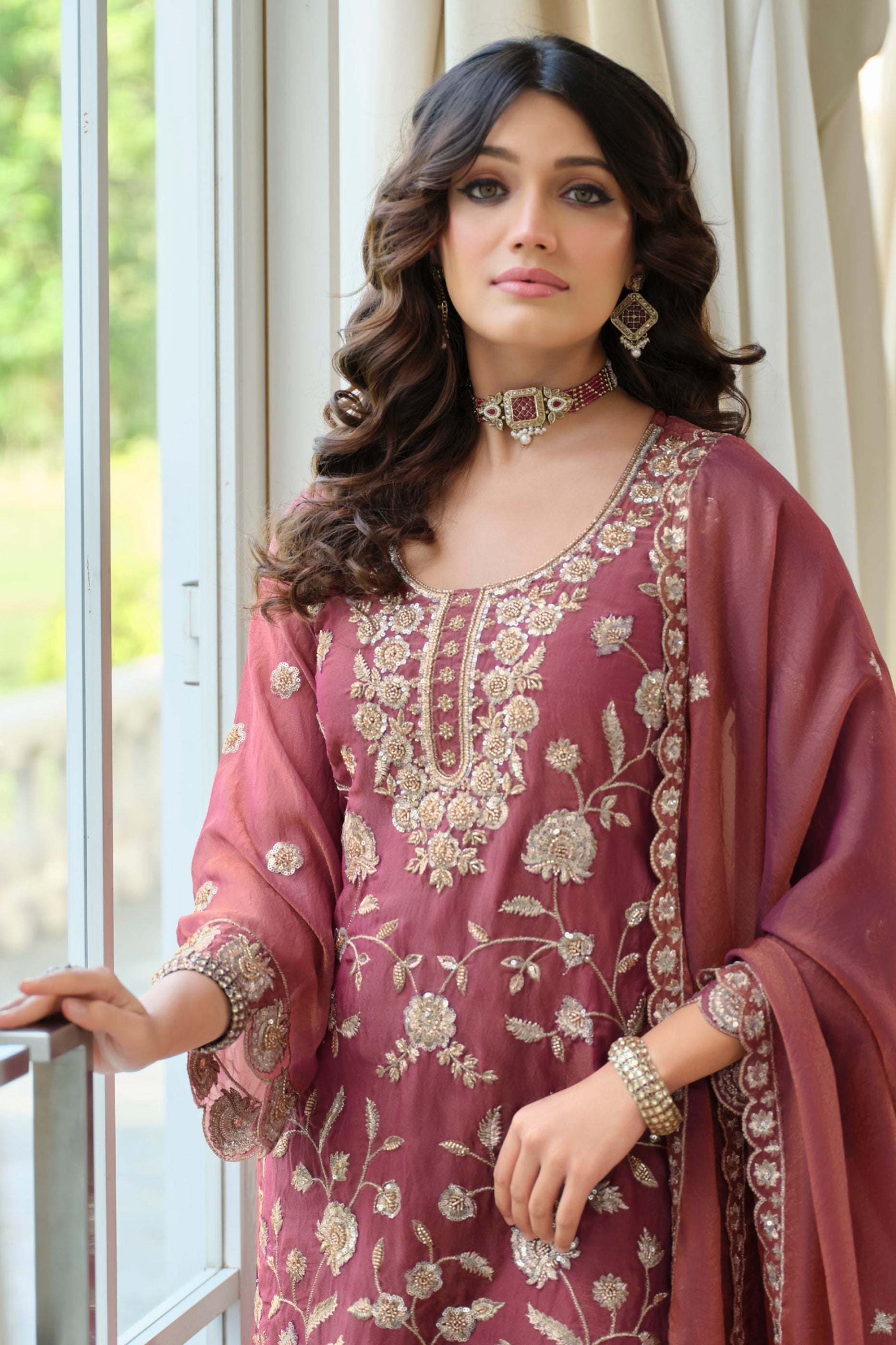Dusky Pink Readymade Embroidered Moss Silk Suit-SAR12175_2_SareeButa.com