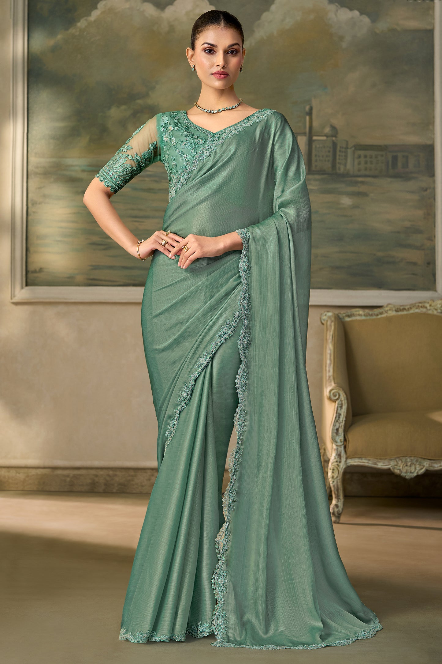 Dusty Green Embroidered Chiffon Saree-SAR13176_1_SareeButa.com