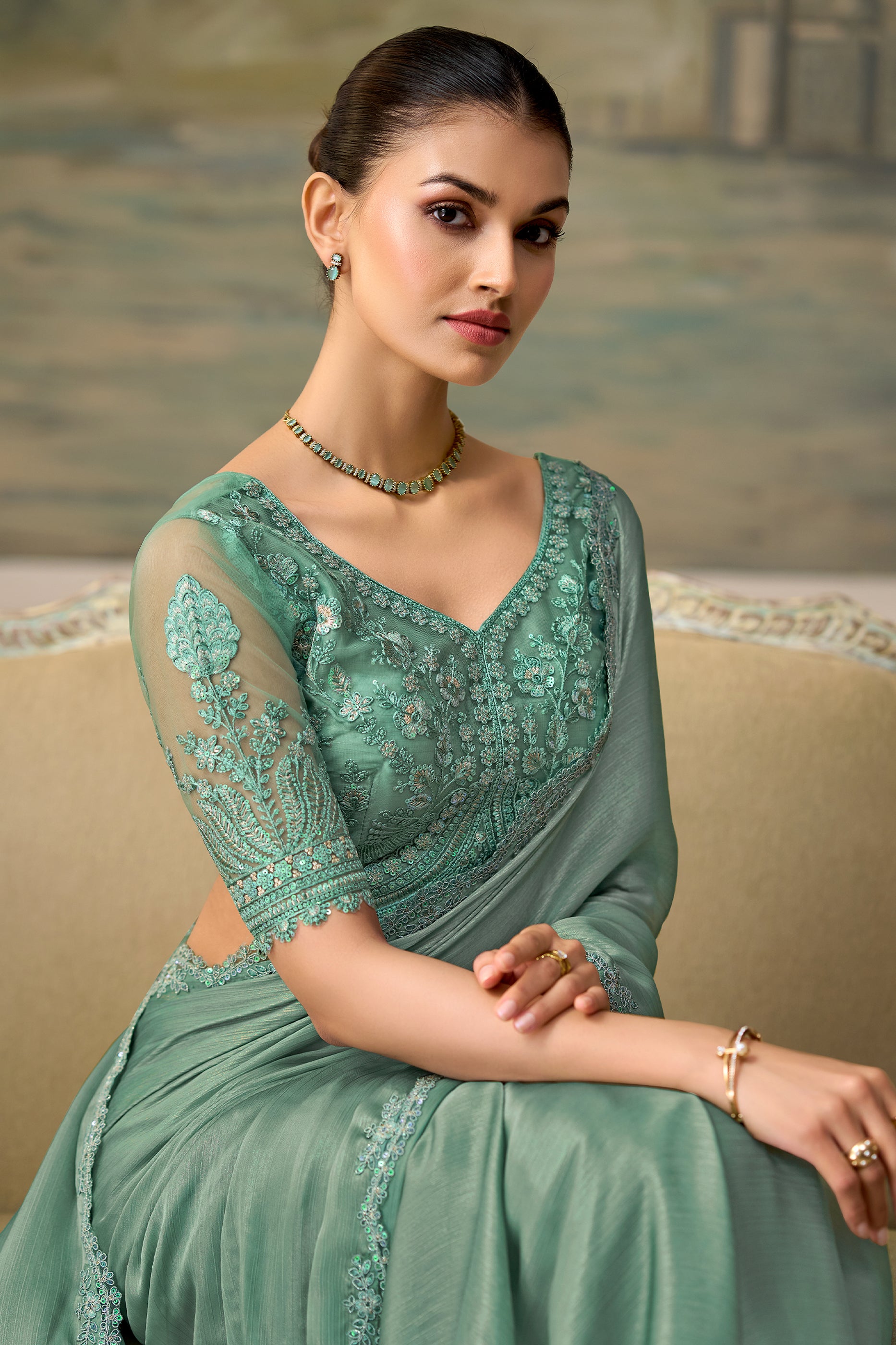 Dusty Green Embroidered Chiffon Saree-SAR13176_2_SareeButa.com