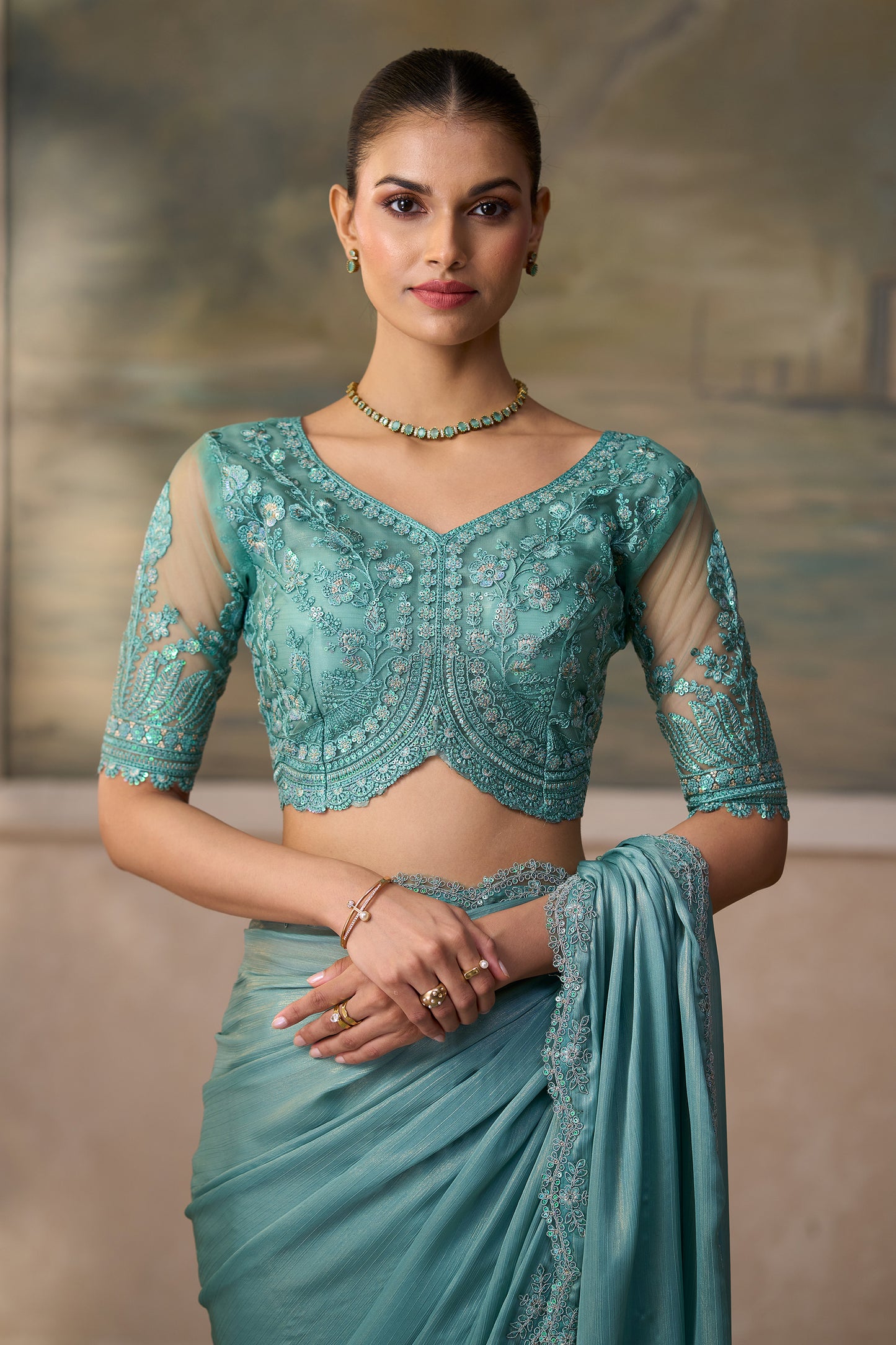 Dusty Green Embroidered Chiffon Saree-SAR13176_3_SareeButa.com
