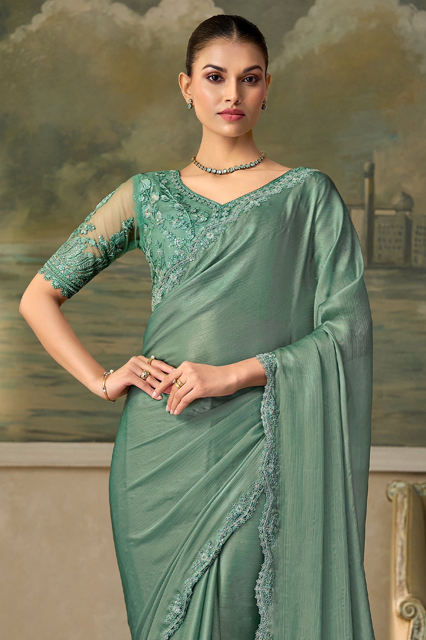 Dusty Green Embroidered Chiffon Saree-SAR13176_5_SareeButa.com