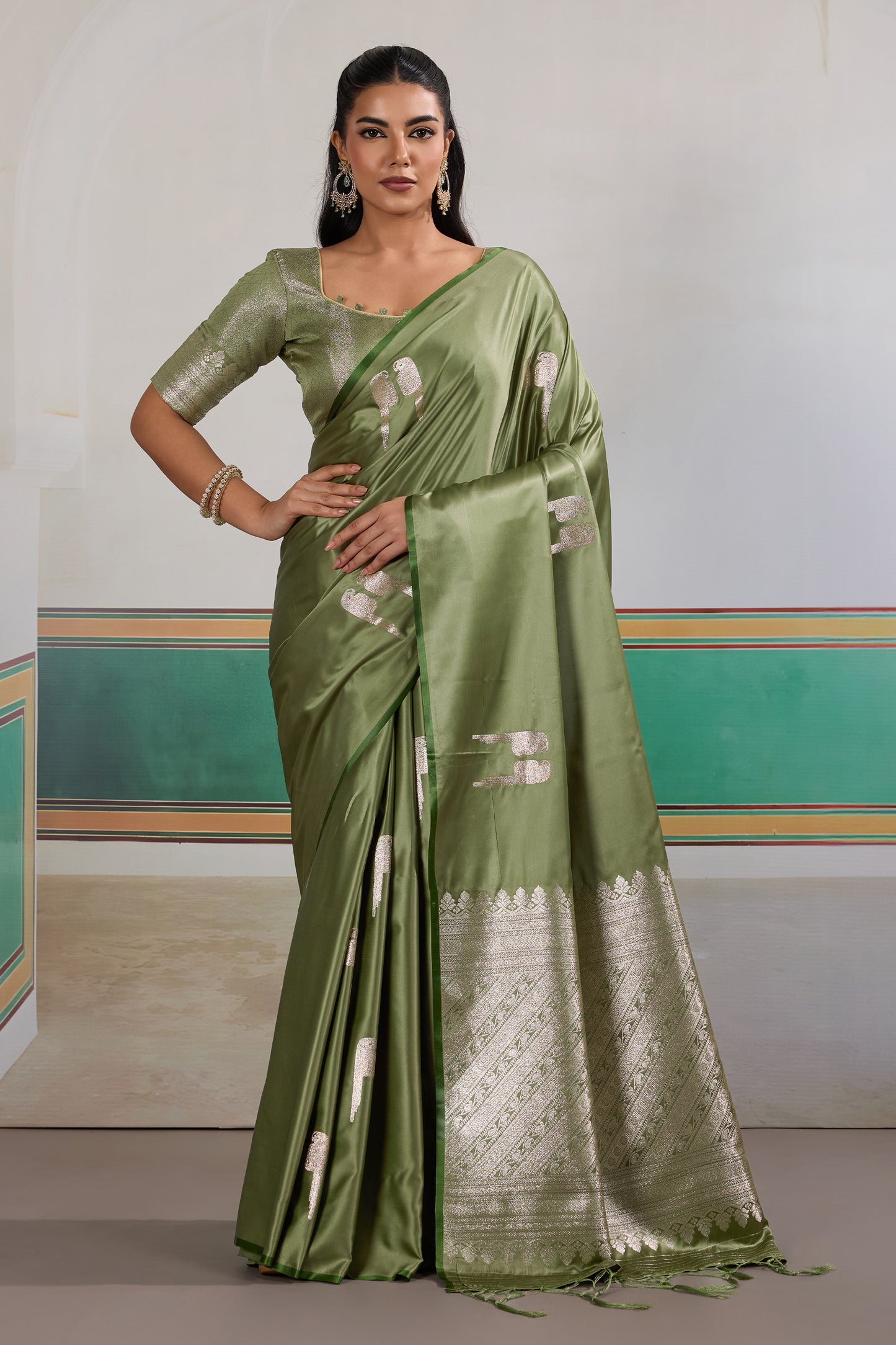 Dusty Green Woven Satin Saree-SAR12291_1_SareeButa.com