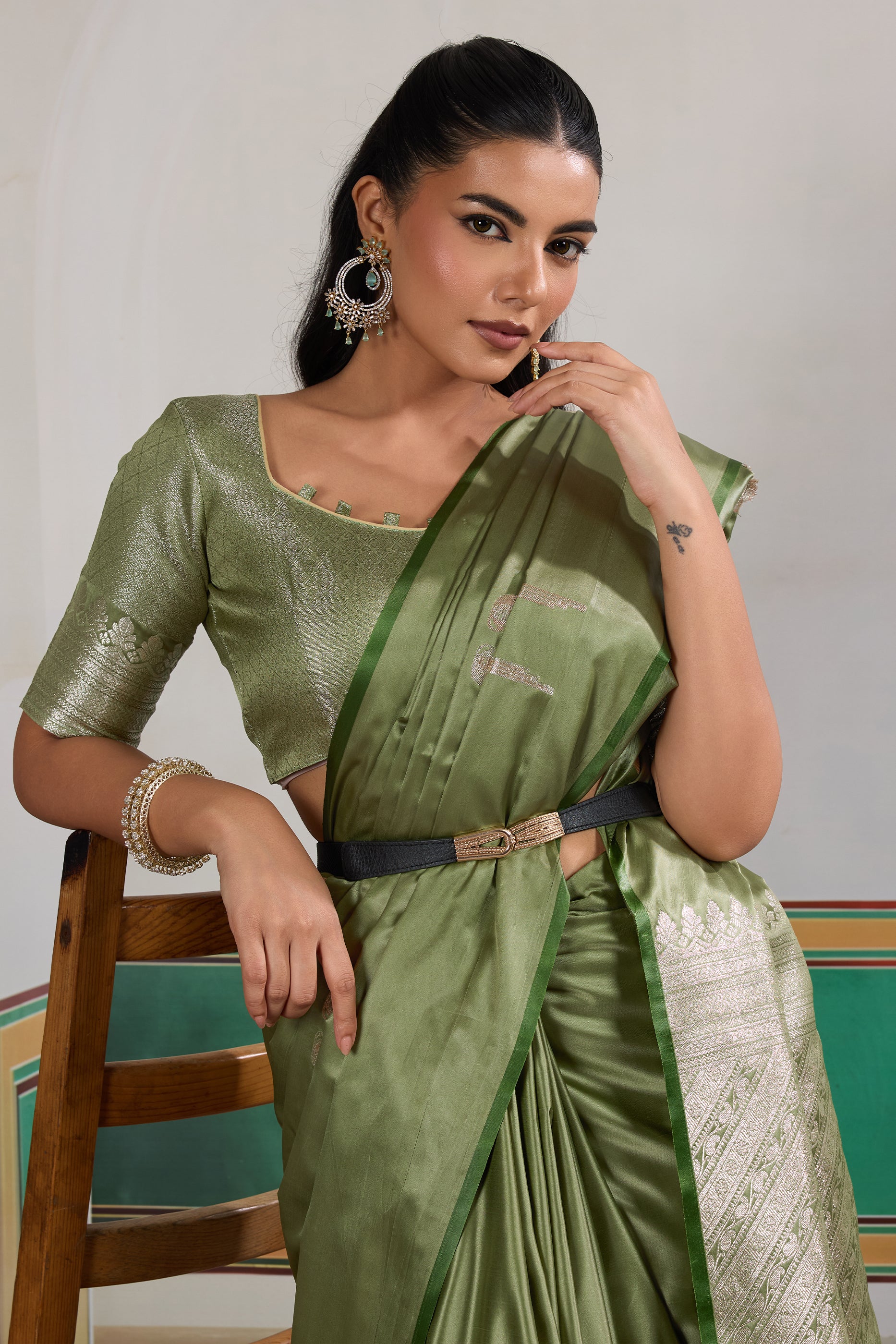 Dusty Green Woven Satin Saree-SAR12291_2_SareeButa.com