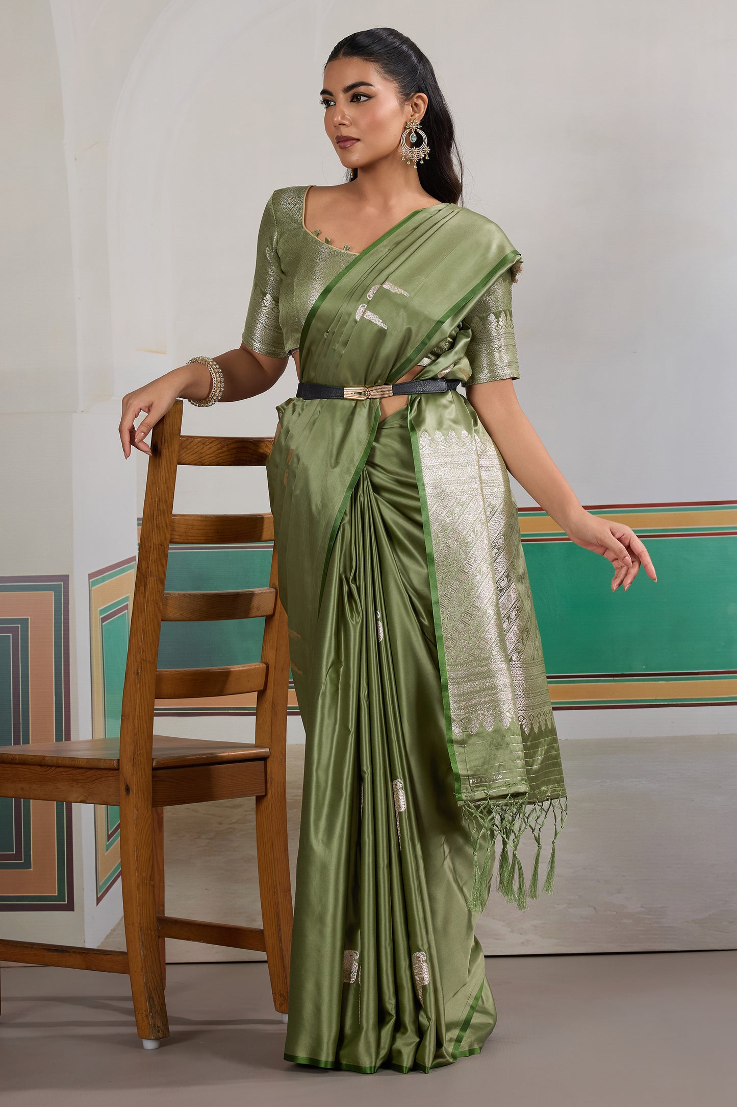 Dusty Green Woven Satin Saree-SAR12291_3_SareeButa.com