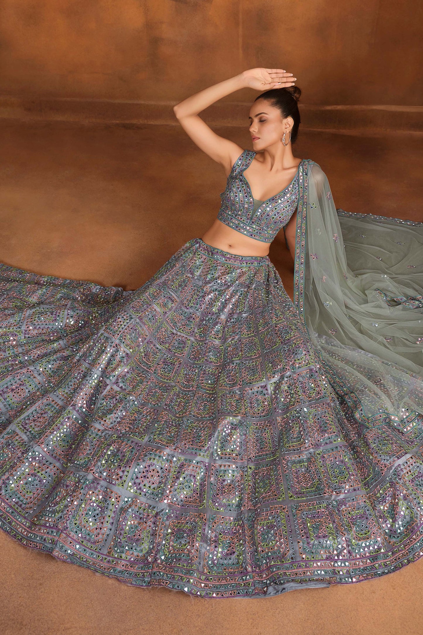 Dusty Grey Embroidered Semi-Stitched Net Lehenga-SAR10342_3_SareeButa.com