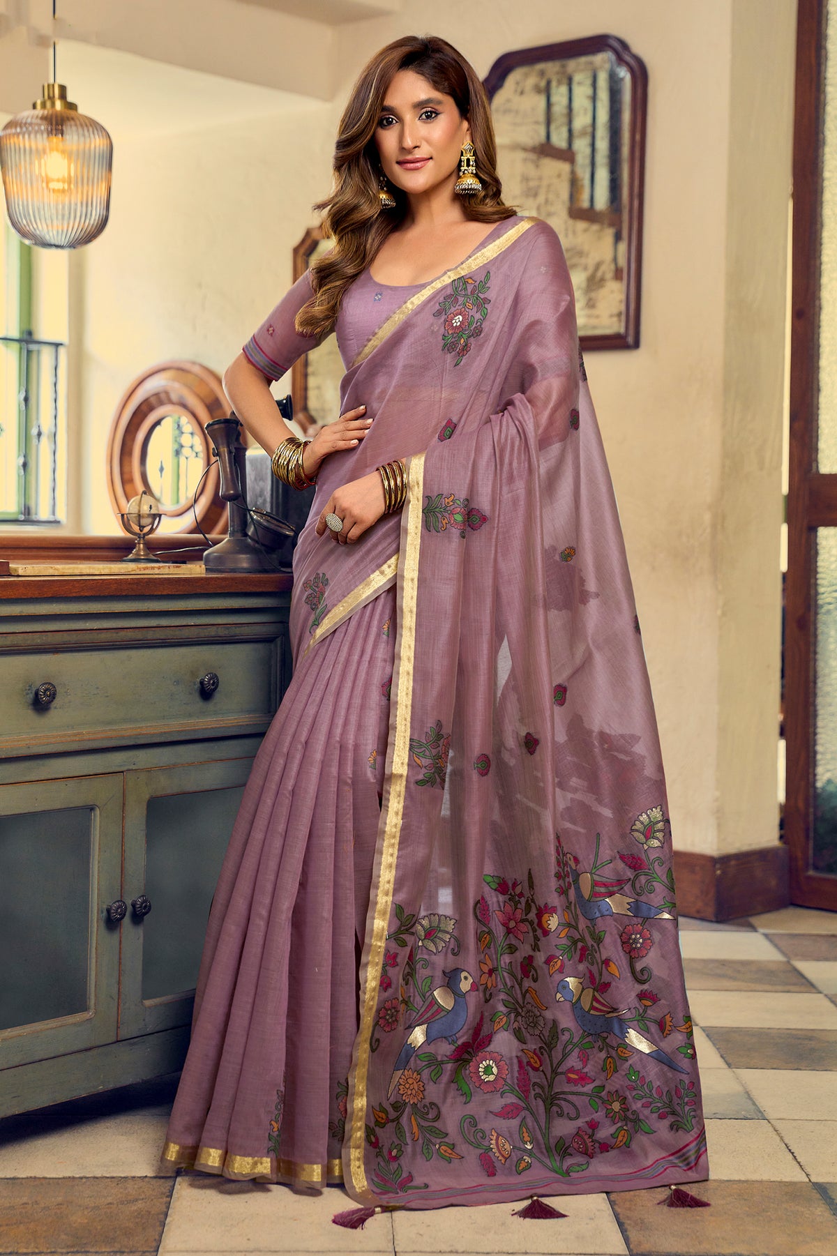 Dusty Mauve Cotton Saree with Kalamkari Motifs-SAR12949_1_SareeButa.com