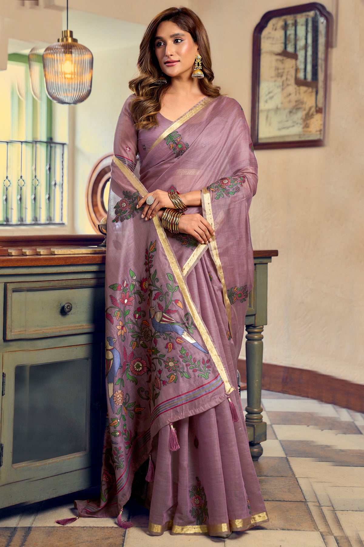 Dusty Mauve Cotton Saree with Kalamkari Motifs-SAR12949_3_SareeButa.com
