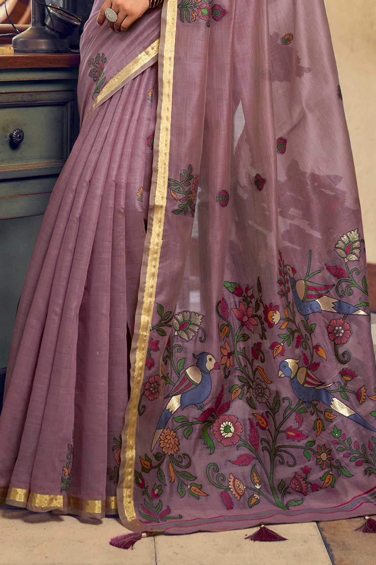 Dusty Mauve Cotton Saree with Kalamkari Motifs-SAR12949_4_SareeButa.com