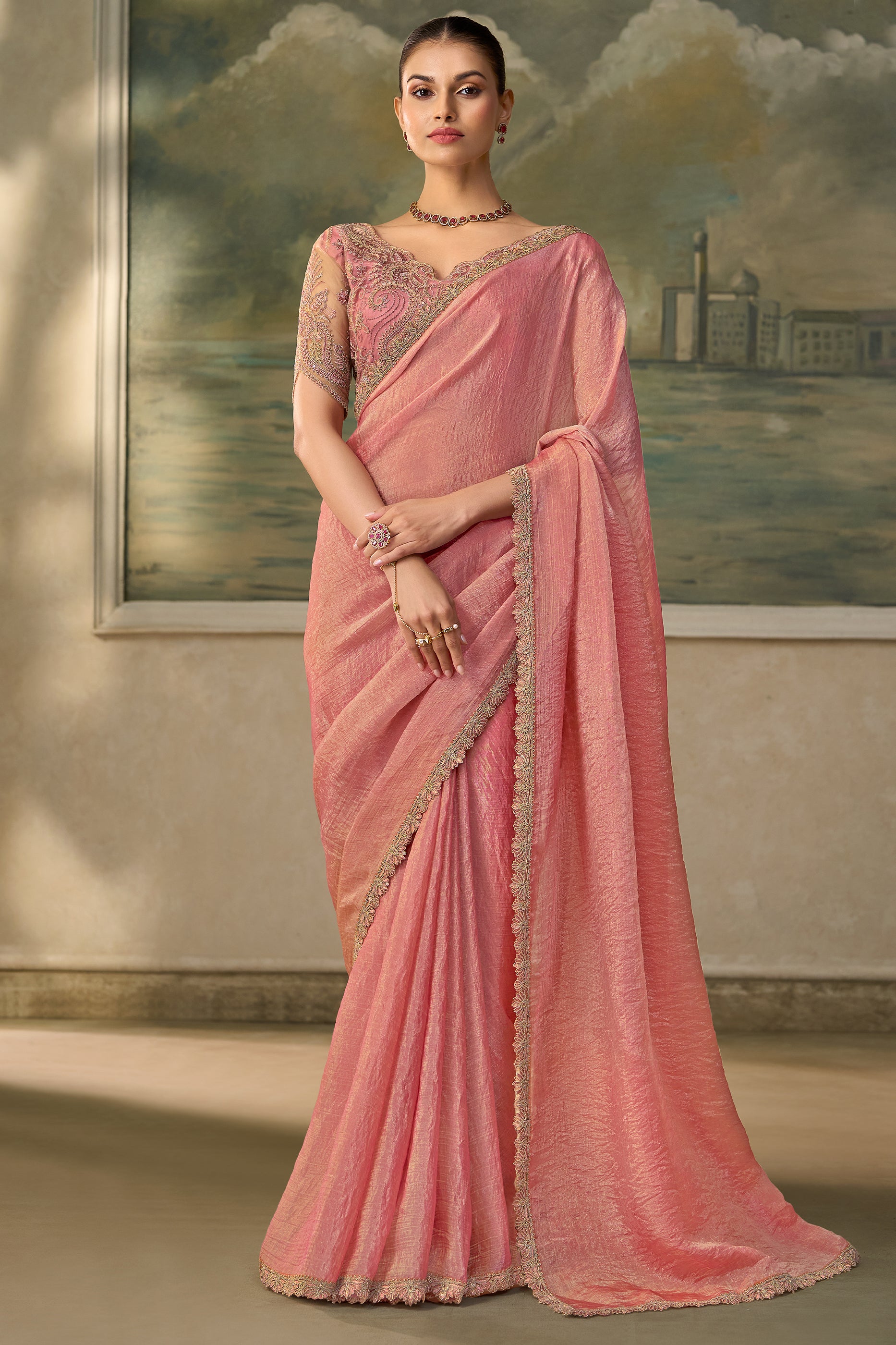 Dusty Pink Embroidered Crushed Tissue Saree-SAR13180_1_SareeButa.com